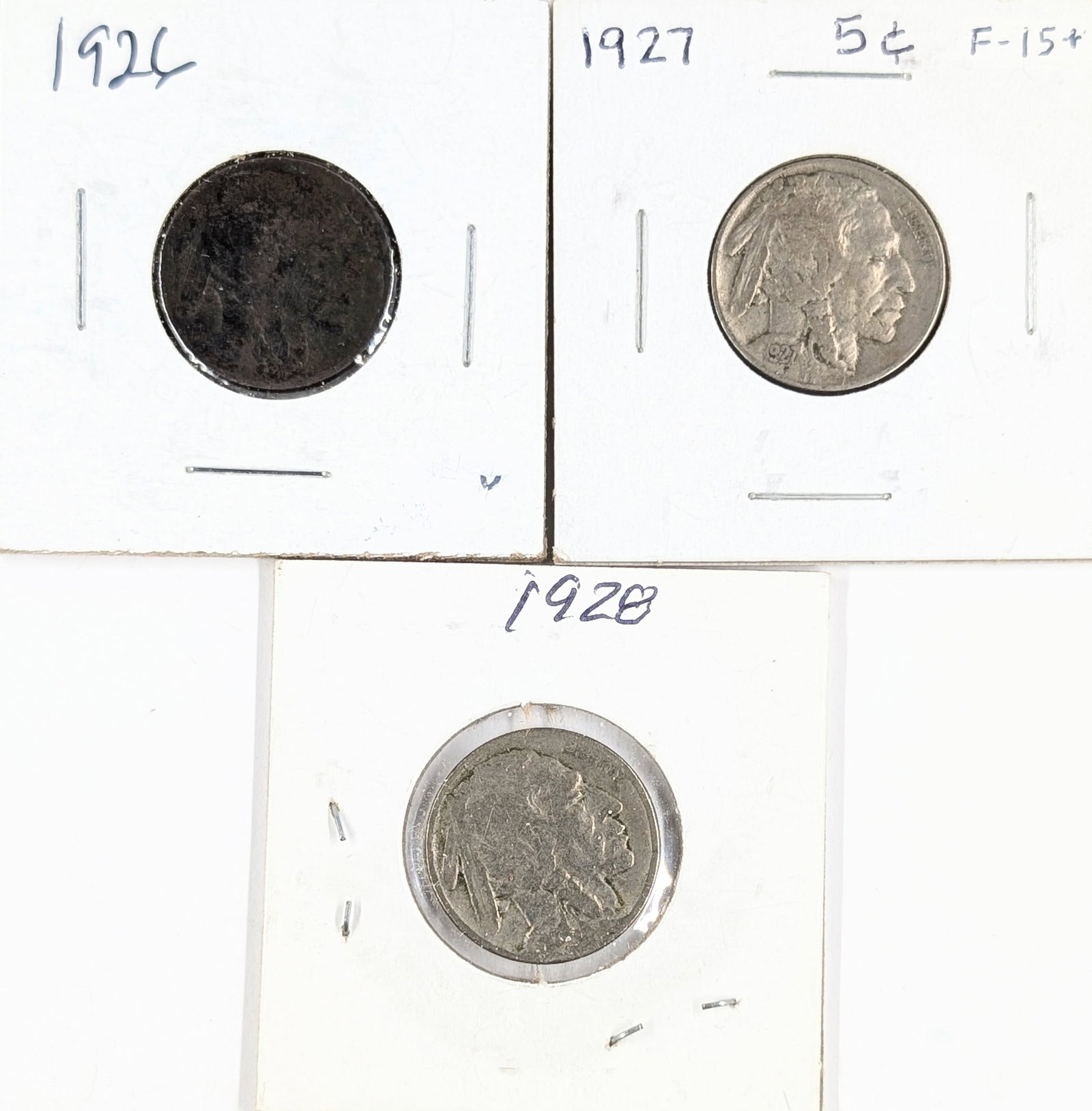 Lot of 3 Buffalo Head Nickels - 1926, 1927, 1928: Coin 