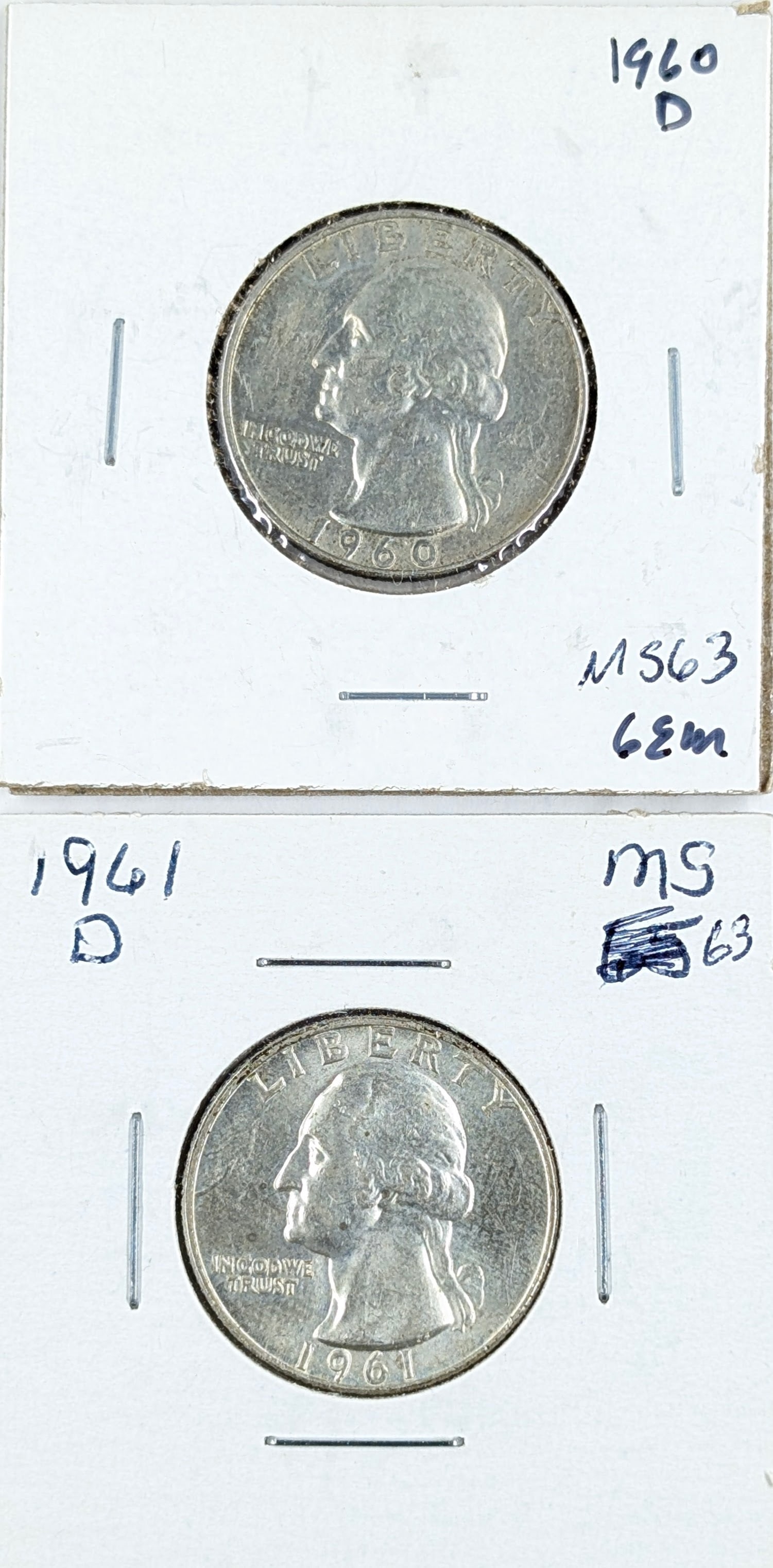 Lot of 2 Uncirculated Silver Washington Quarters - 1960-D, 1961-D: Silver 