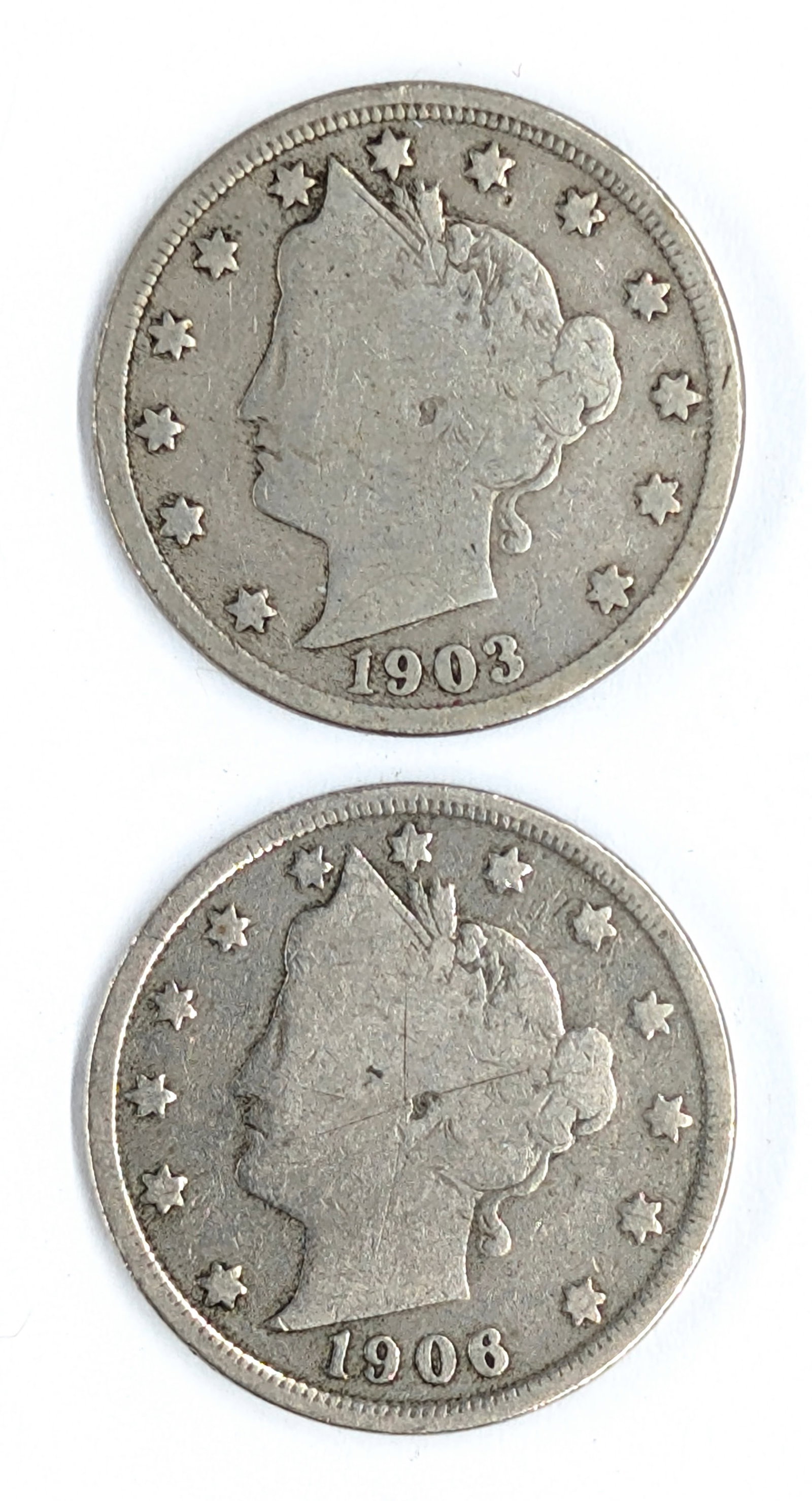 Lot of 2 Liberty V Nickels - 1903, 1908: Coin 