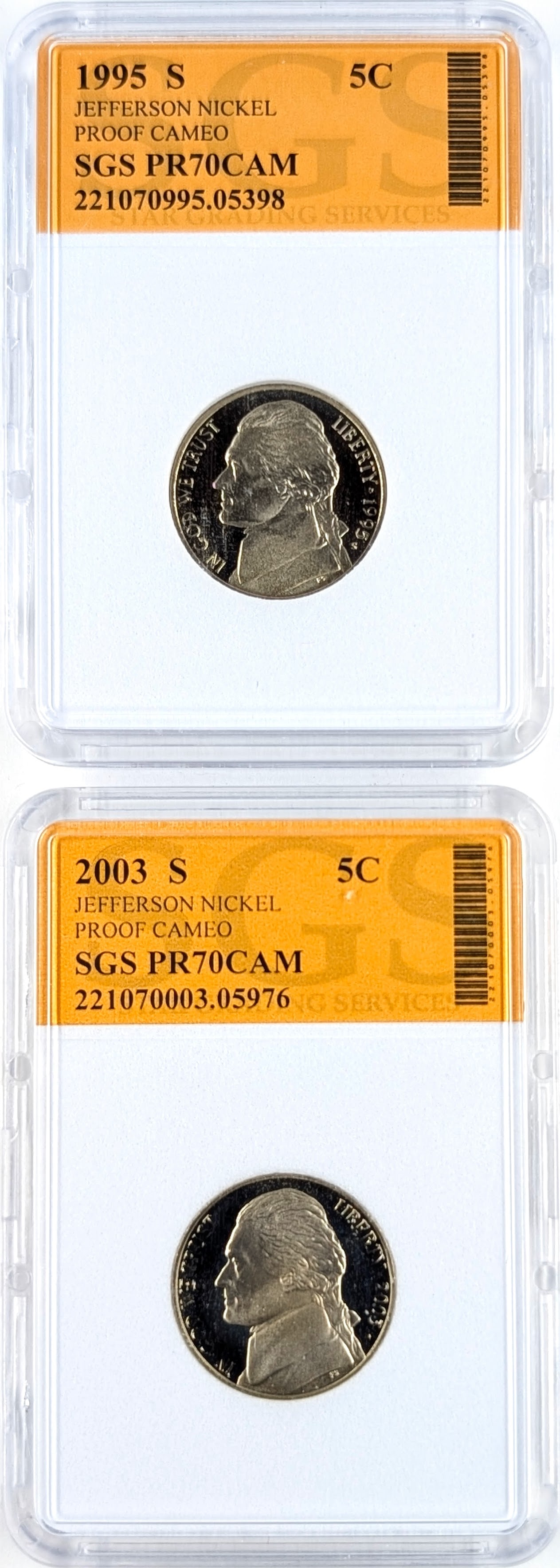 Lot of 2 SGS PR70CAM Jefferson Nickels- 1995-S, 2003-S: _ 