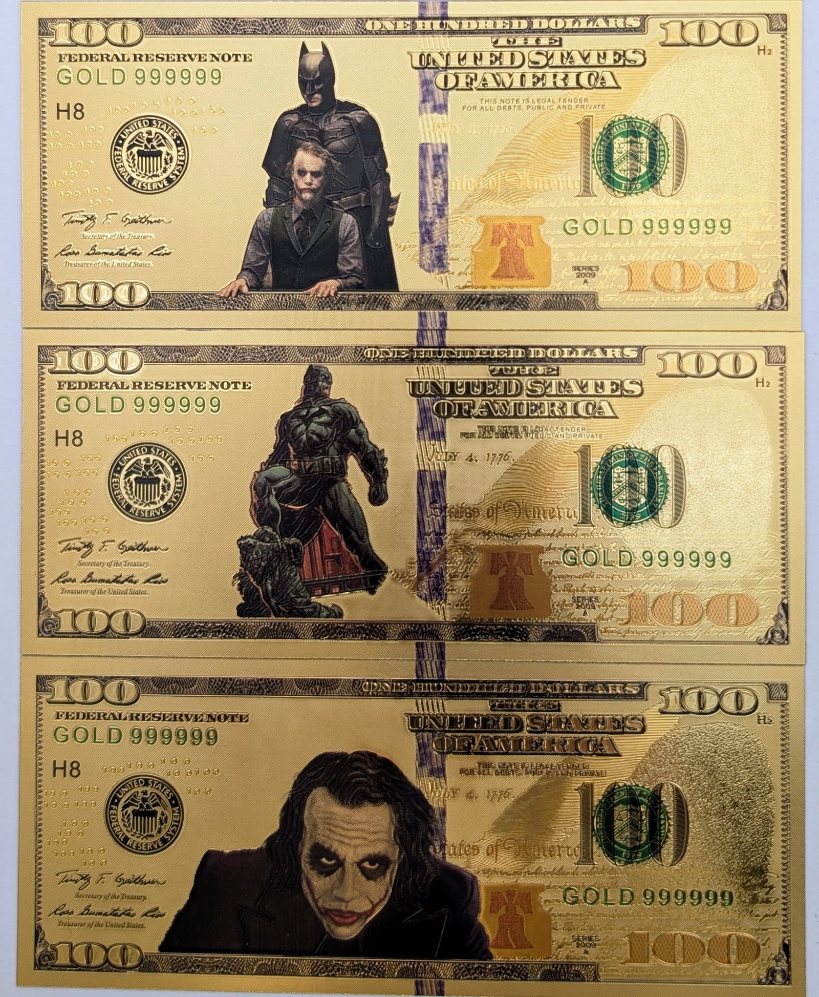 Lot of 3 Batman and Joker Gold foil $100 design: _ 