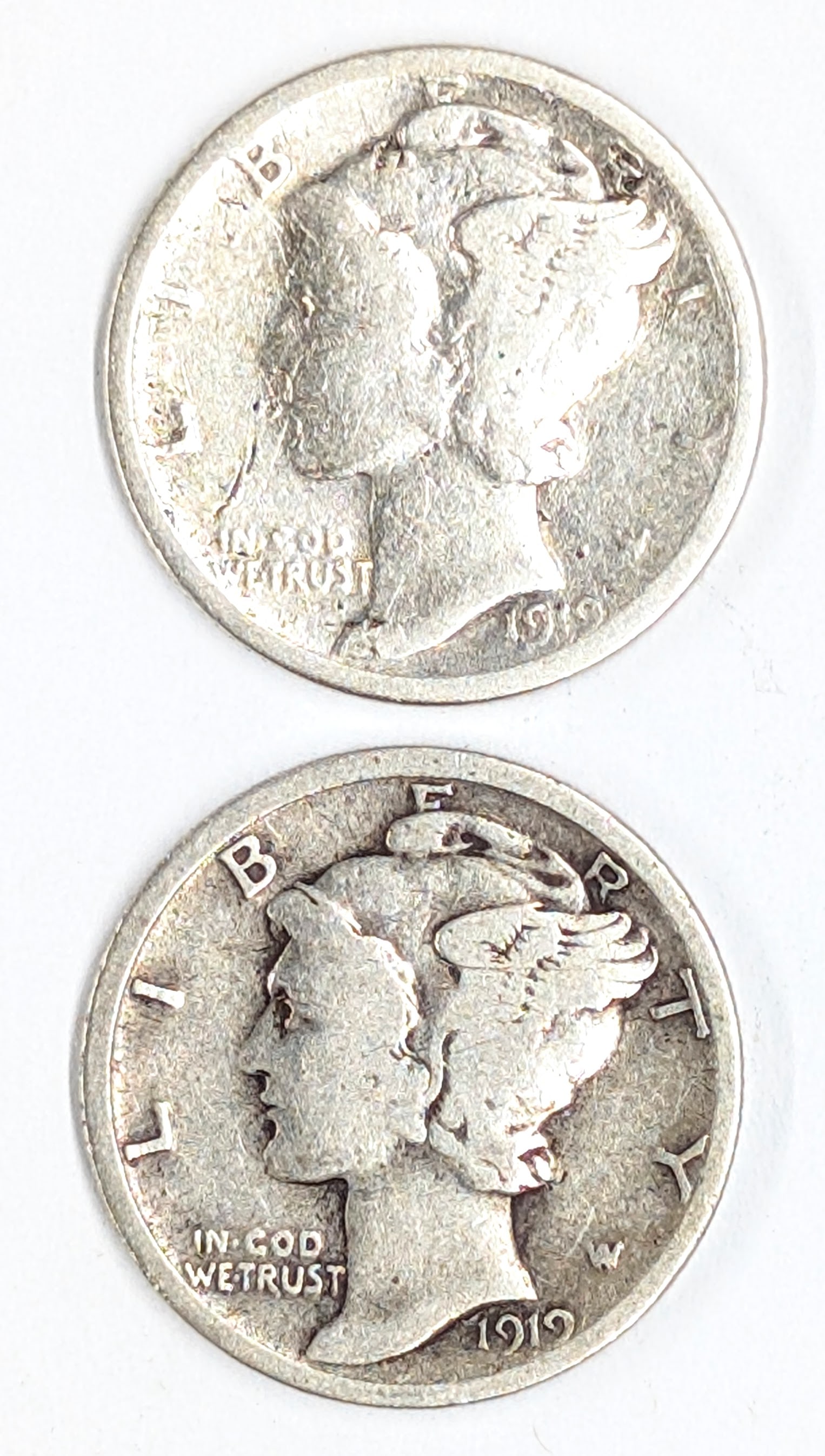 Lot of 2 Silver Mercury Dimes- Both 1919 (1 of 2)