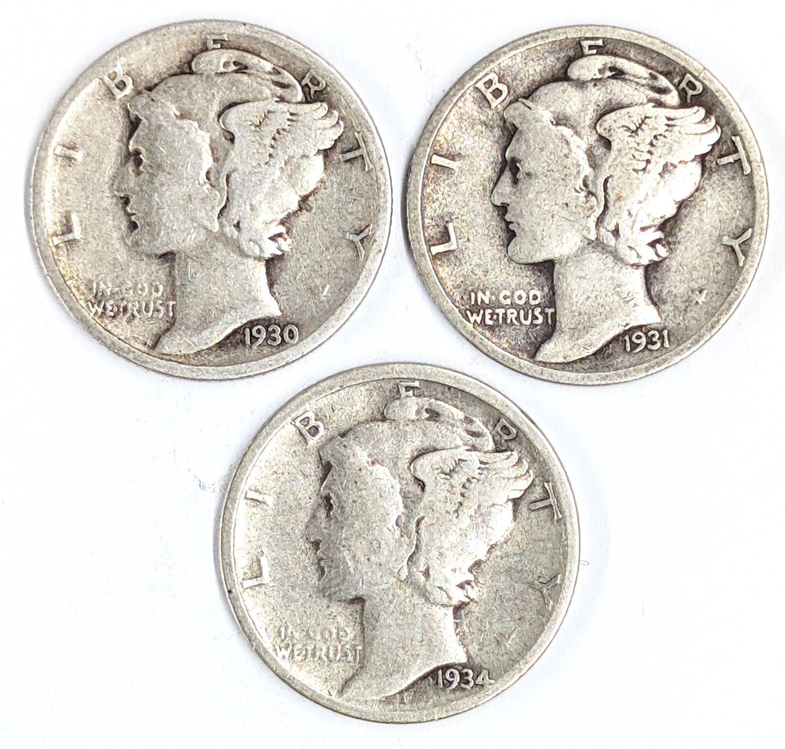 Lot of 3 Silver Mercury Dimes- 1930-S, 1931-S, 1934-D (1 of 2)