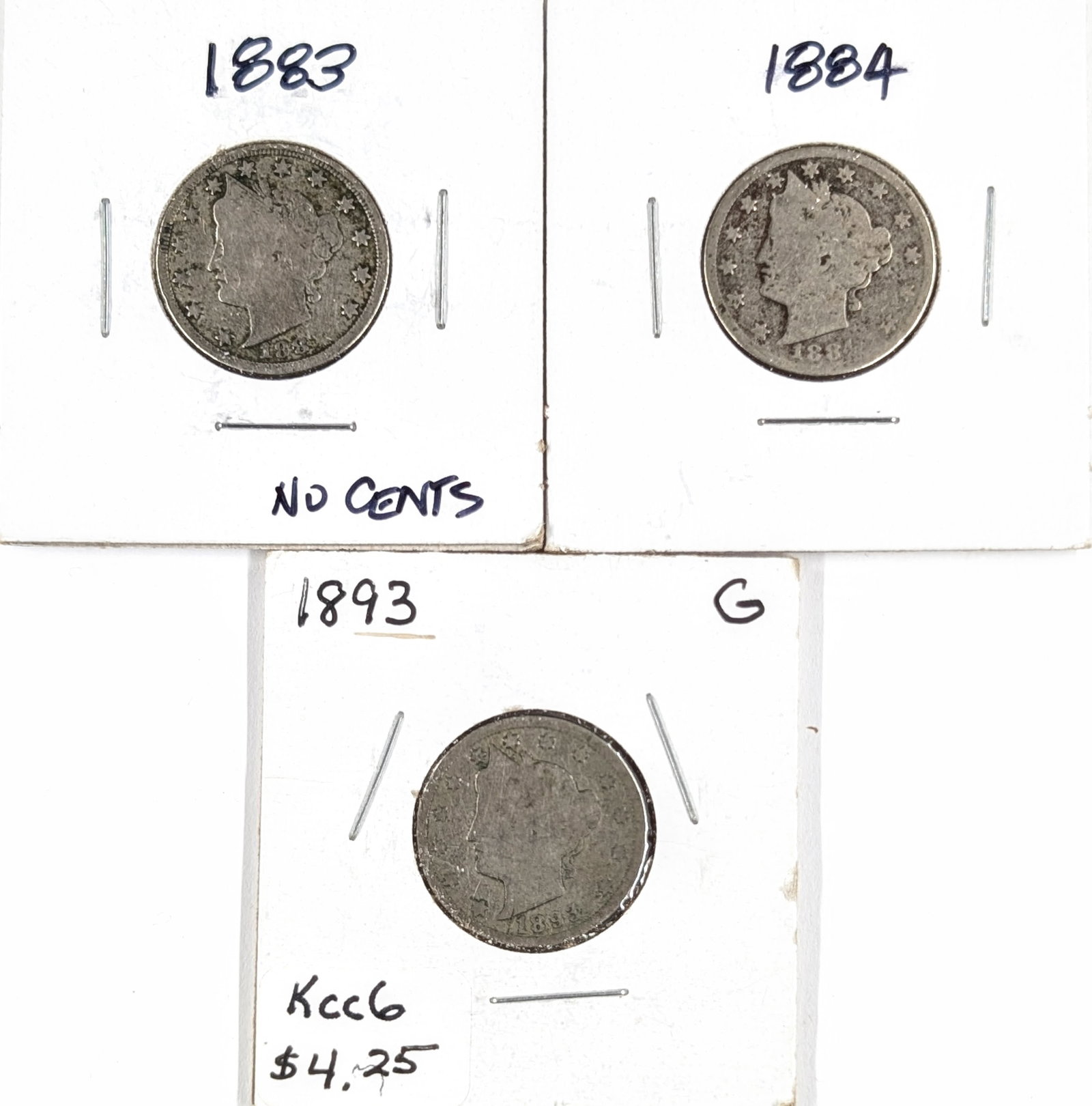 Lot of 3 Liberty V Nickels- 1883 No "Cents", 1884, 1893 (1 of 2)
