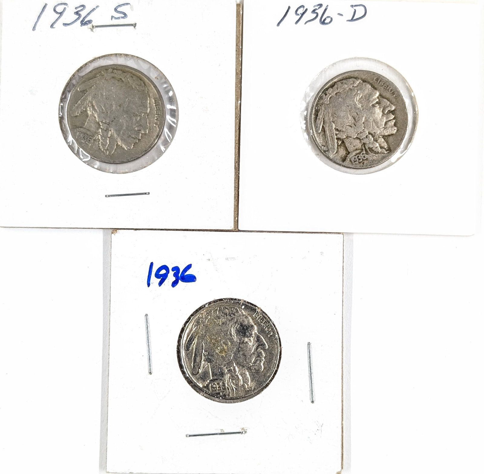 Lot of 3 Buffalo Head Nickels- 1936 S/D/P (1 of 2)