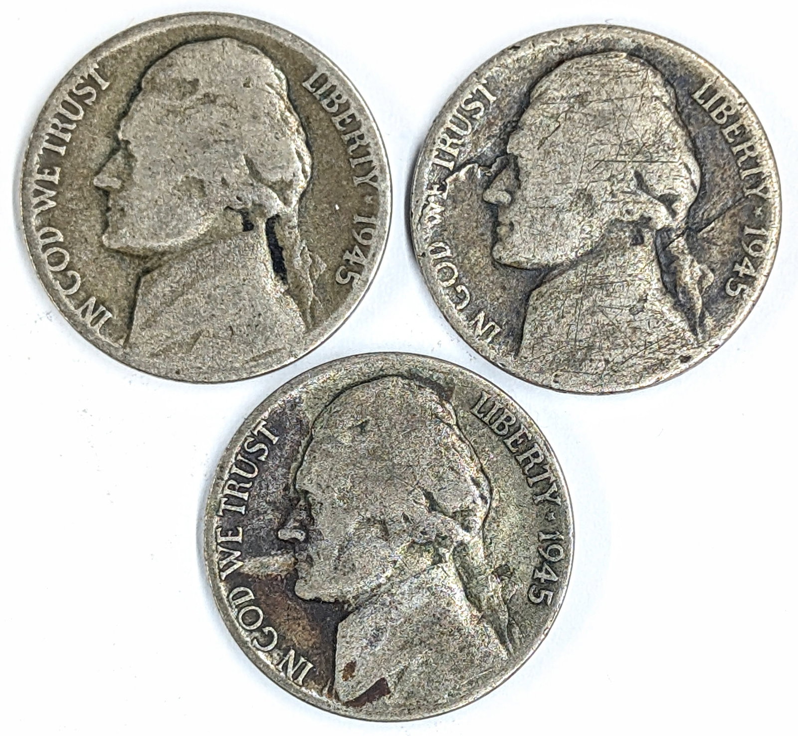 Lot of 3 Silver War Nickels - 1945 D/P/S: 35% Silver 