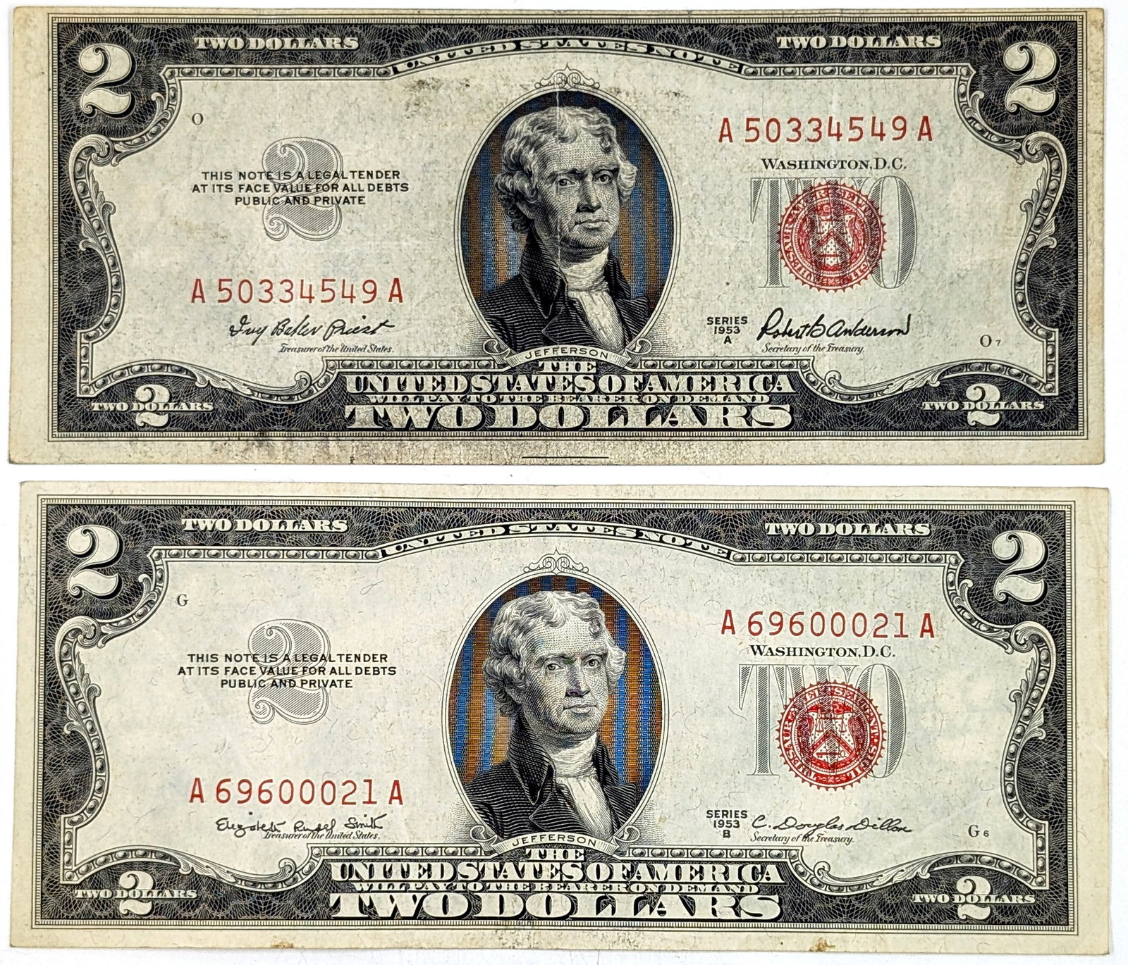 Lot of 2 1953 A/B $2 Notes - Red Seal (1 of 2)