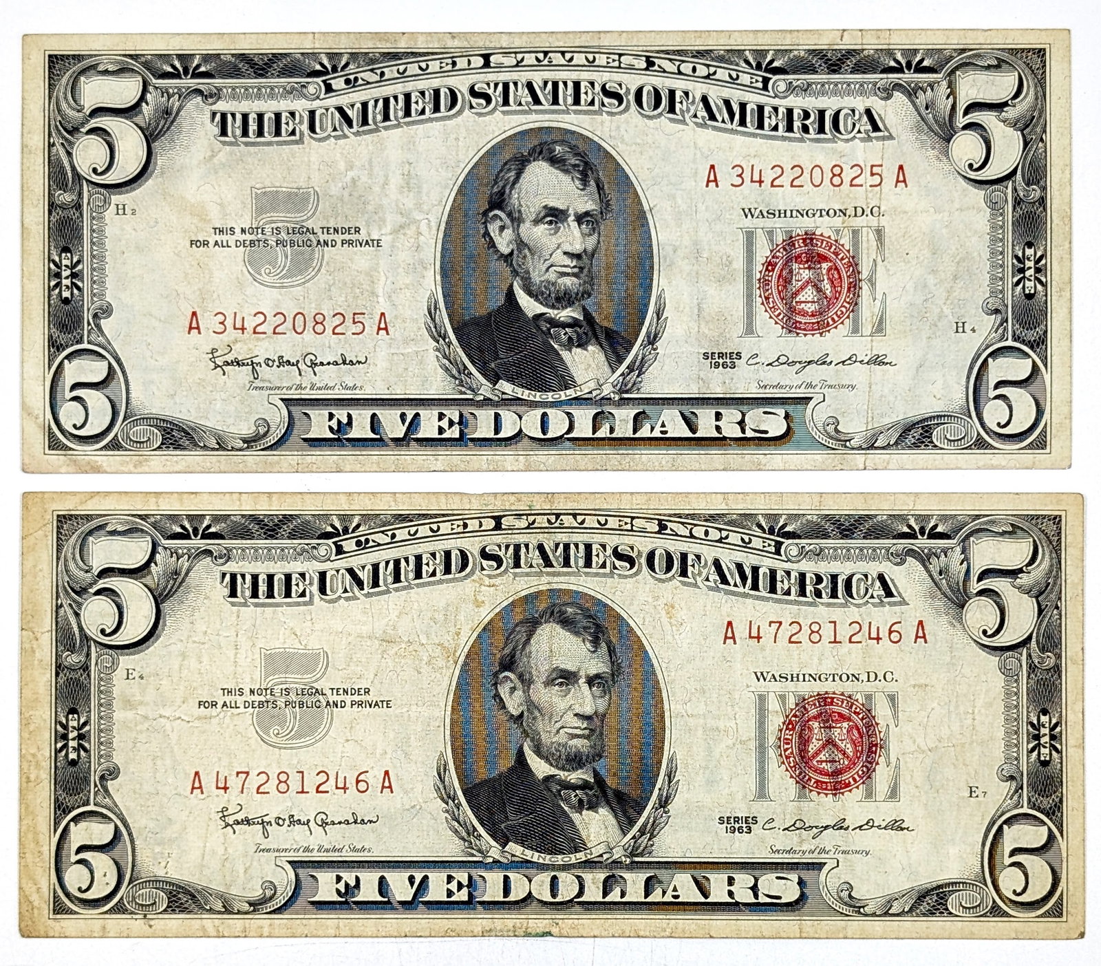 Lot of 2 1963 $5 Note - Red Seal (1 of 2)