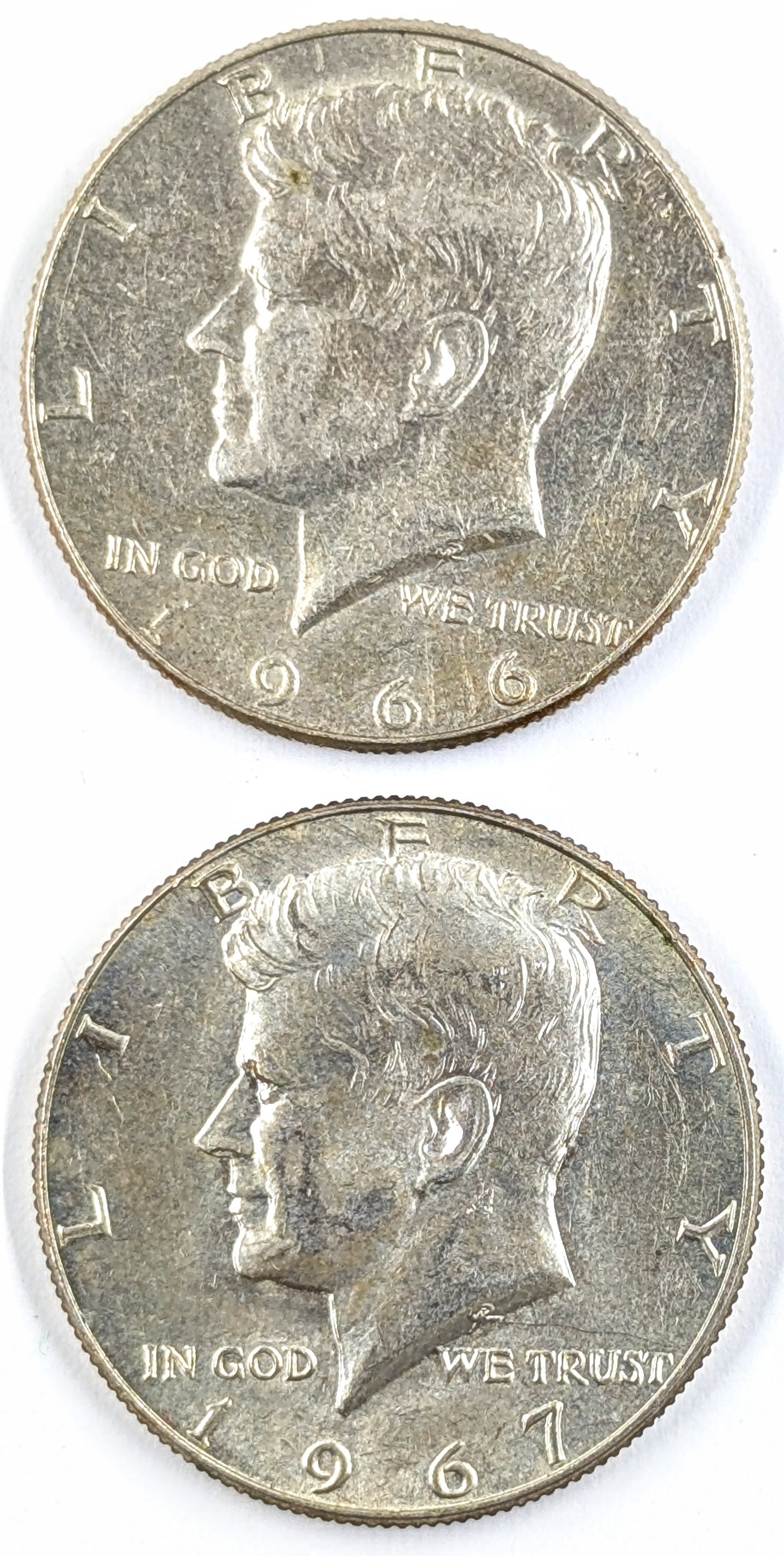 Lot of 2 Silver John F Kennedy Half Dollars - 1966, 1967 (1 of 2)