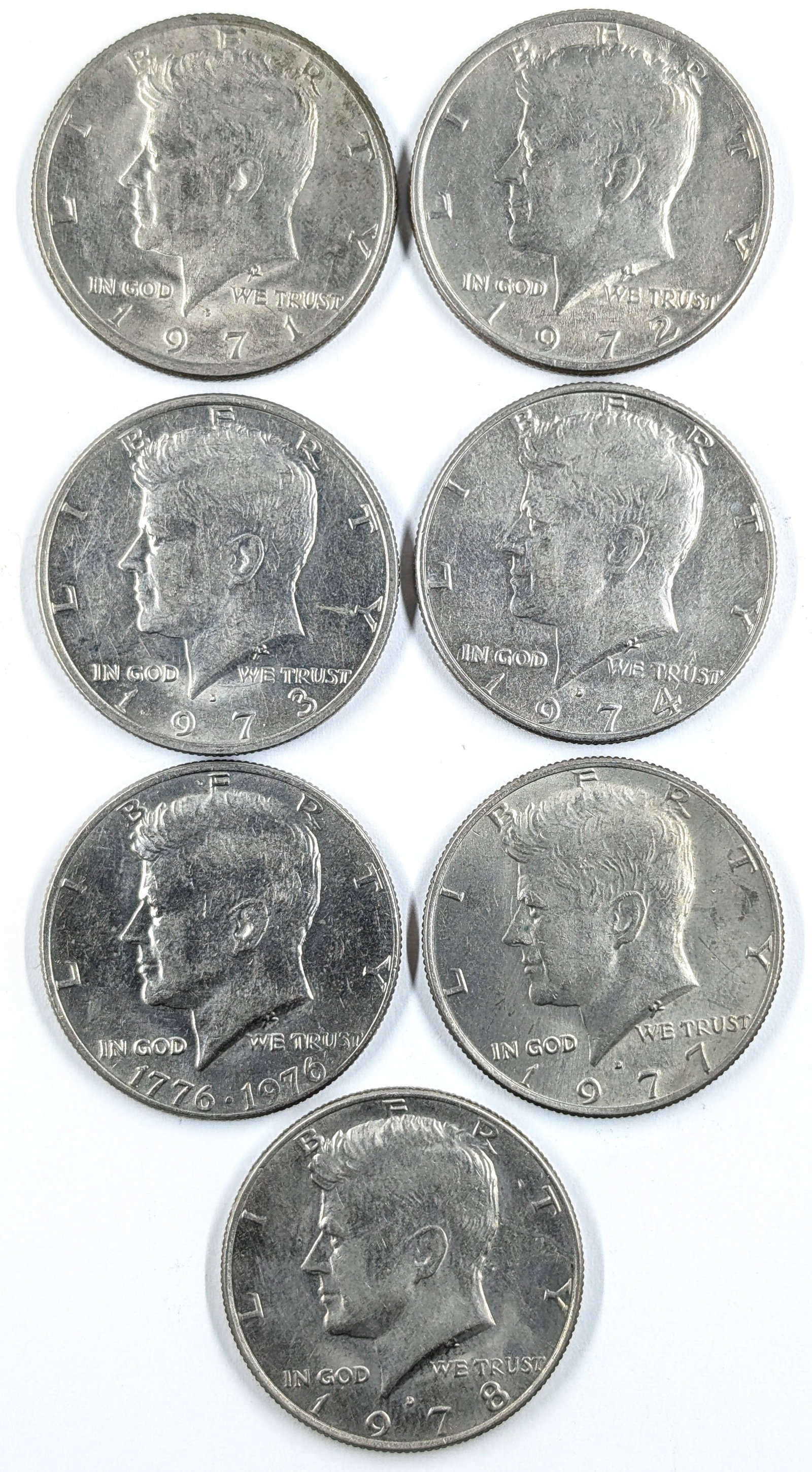 Lot of 7 John F Kennedy Half Dollars - 1971-1978 (1 of 2)