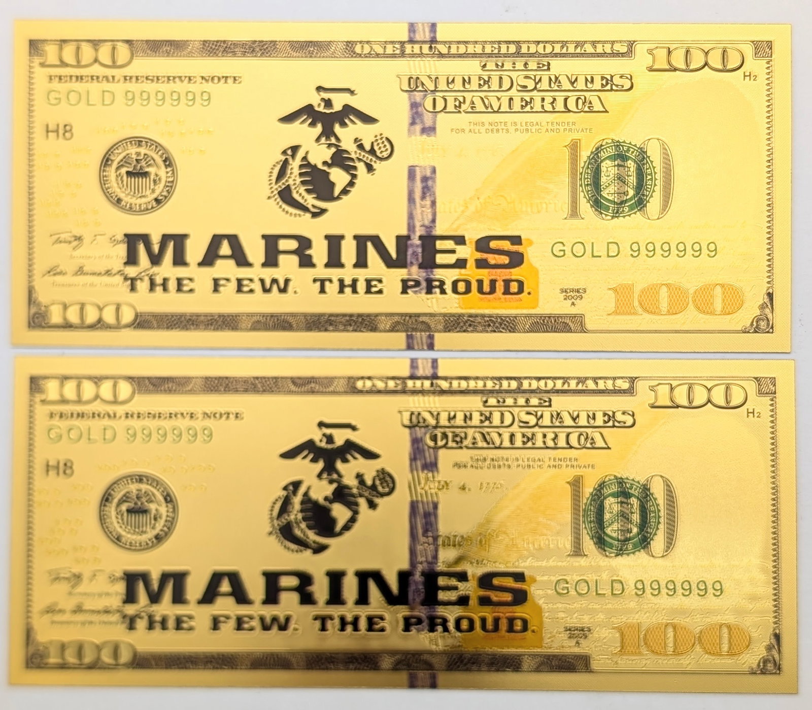 Lot of 2 Marines Gold foil $100 design: _ 