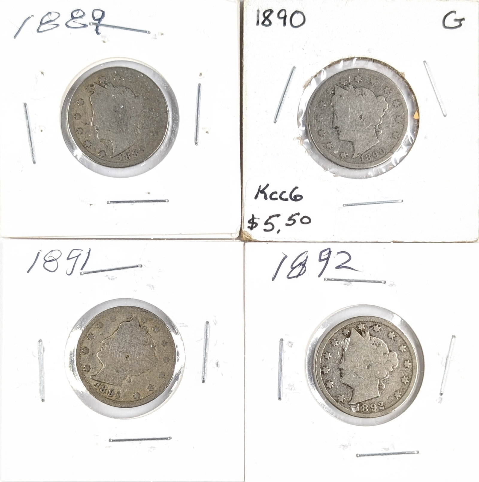 Lot of 4 Liberty V Nickels- 1889-1892: _