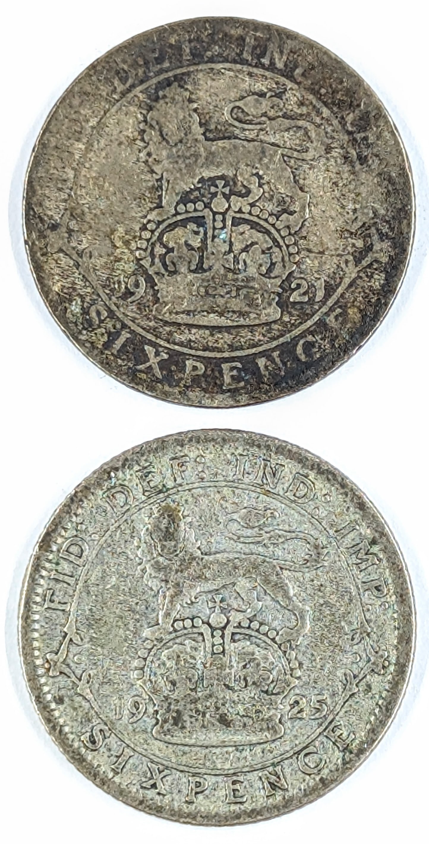 Lot of 2 Silver Sixpence- 1921, 1925: _ 