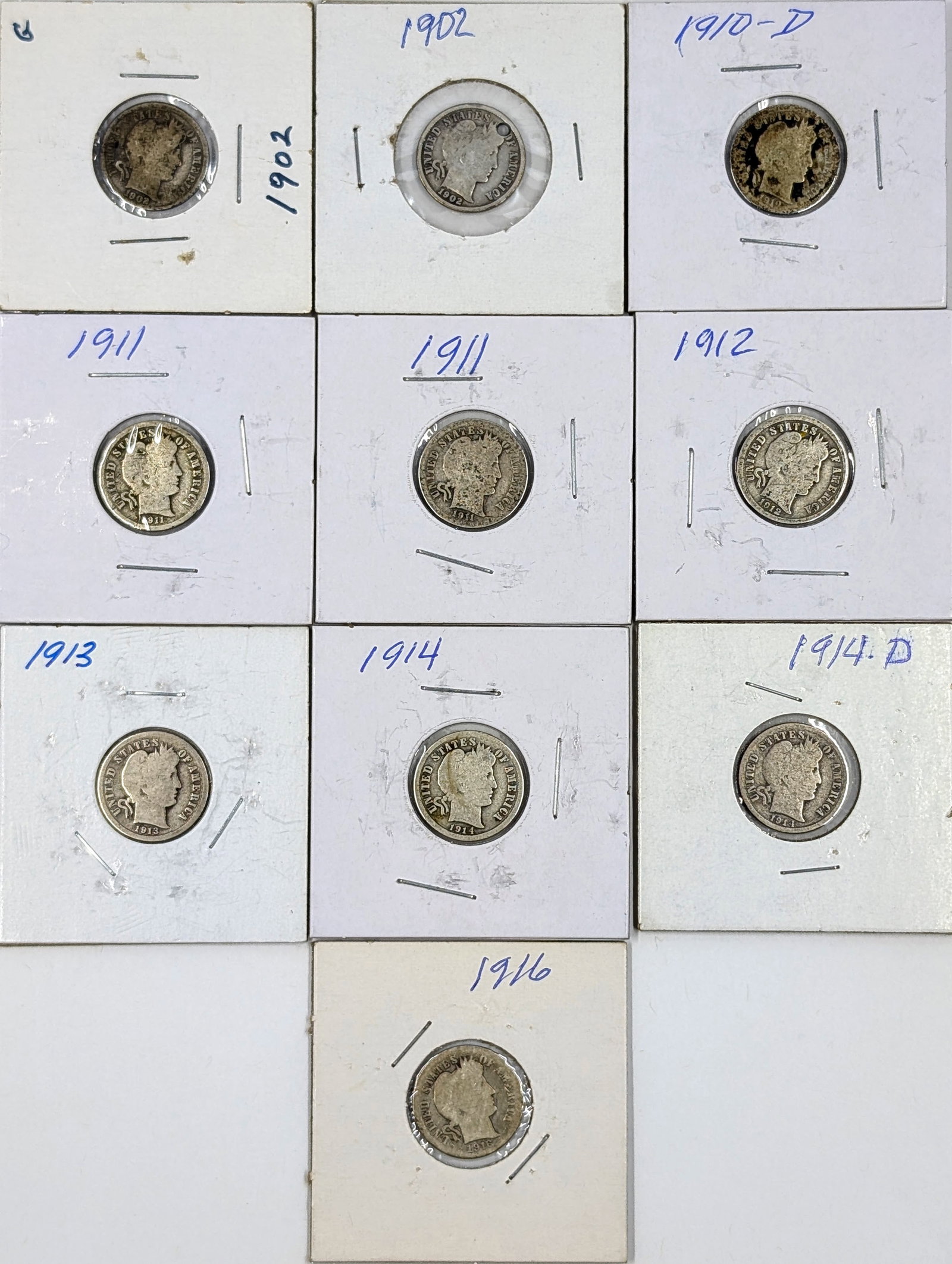 Lot of 10 Silver Barber Dimes- 1902-1916: _ 