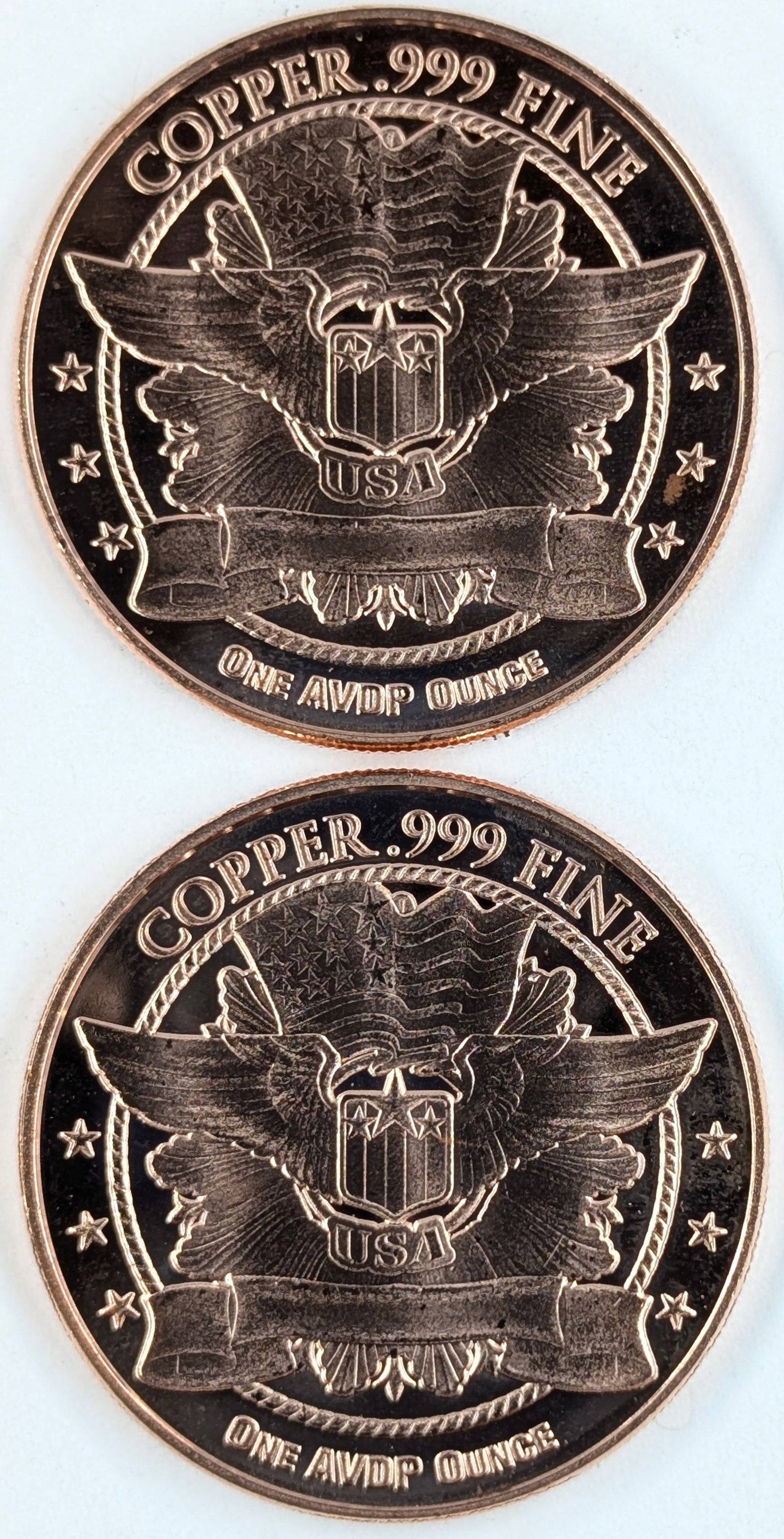 Lot of 2 - 1 Ounce (each) Fine .999 Copper Rounds- One Cent - 2