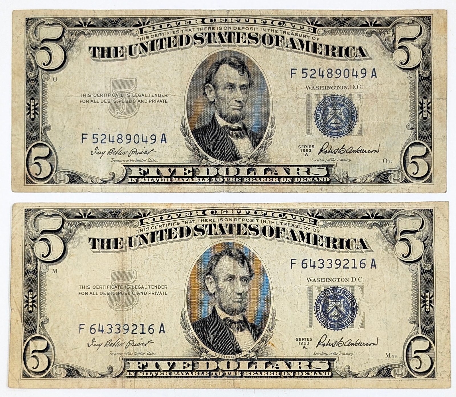 Lot of 2 - 1953-A $5 Notes - Silver Certificates: Heavily Circulated Condition 
