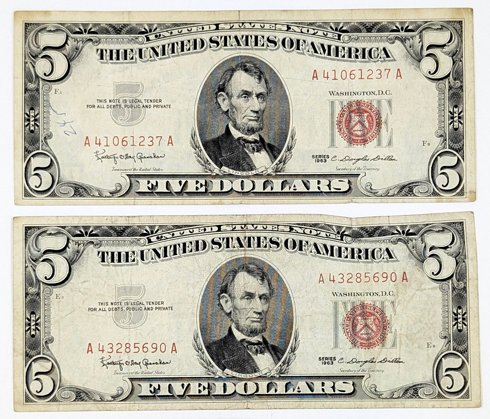 Lot of 2 - 1963 $5 Notes - Red Seals (1 of 2)
