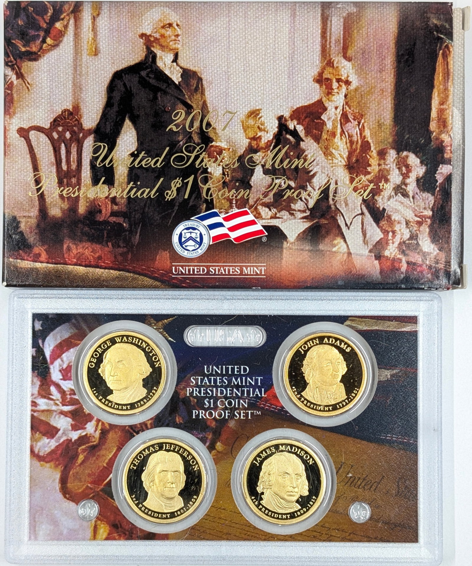 2007 US Mint Presidential $1 Coin Proof Set w/ Washington, Adams, Jefferson, Madison: Coin 