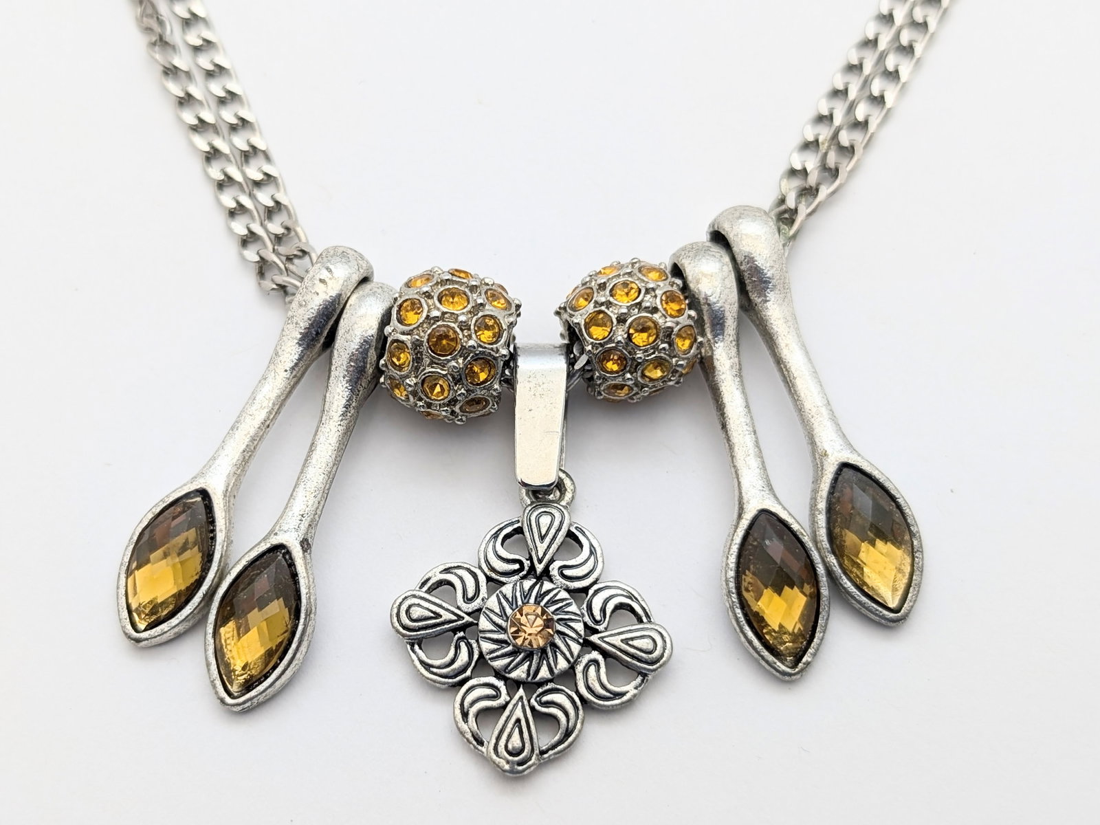 Silver tone Boho Yellow Gem Ladies Necklace w/ Toggle Clasp - 3