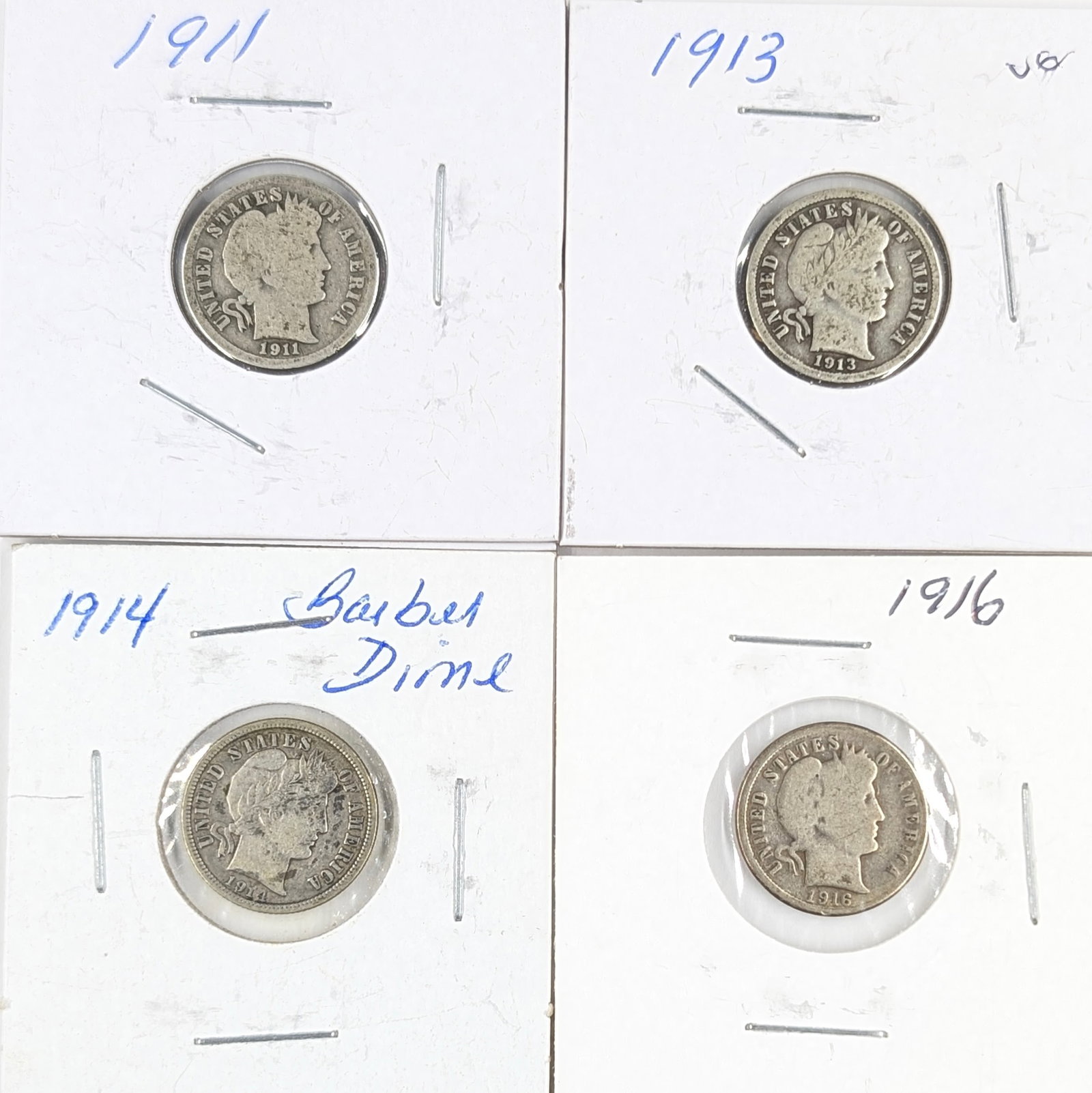 Lot of 4 Silver Barber Dimes - 1911-1916 (1 of 2)