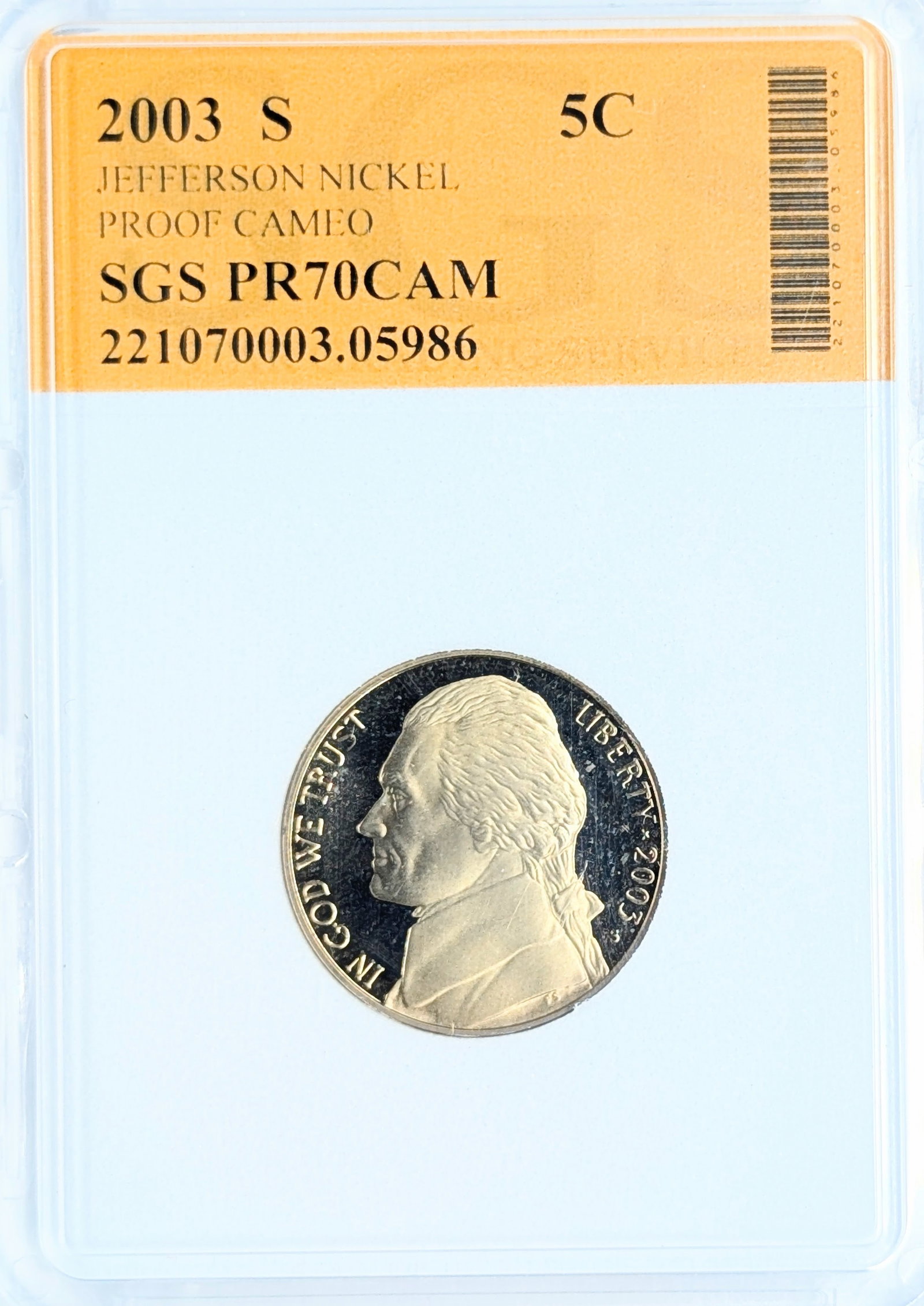 SGS 2003-S PR70 CAM Jefferson Nickel: Coin 