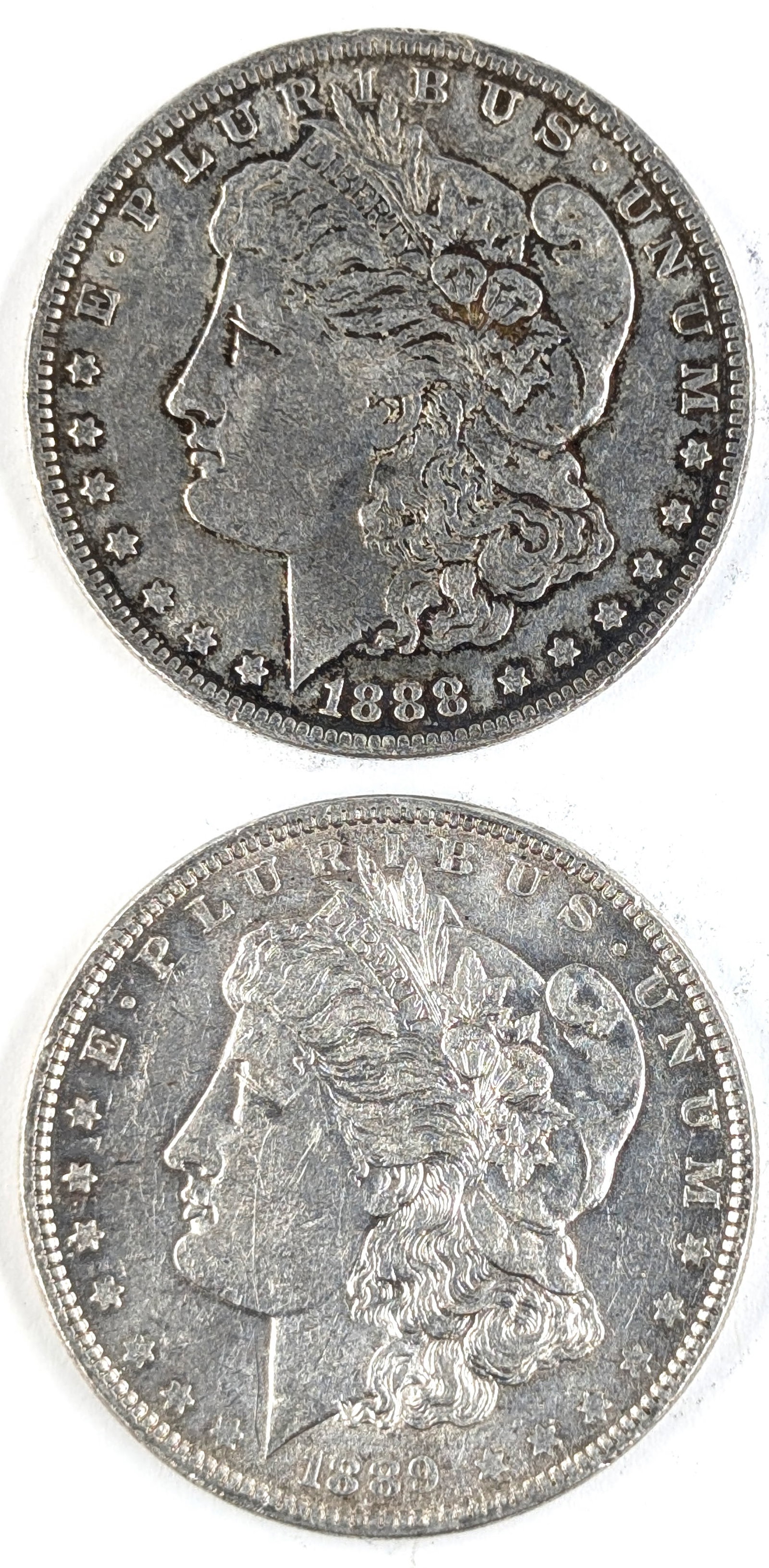 Lot of 2 Morgan Silver Dollars - 1888-O, 1889: Silver 