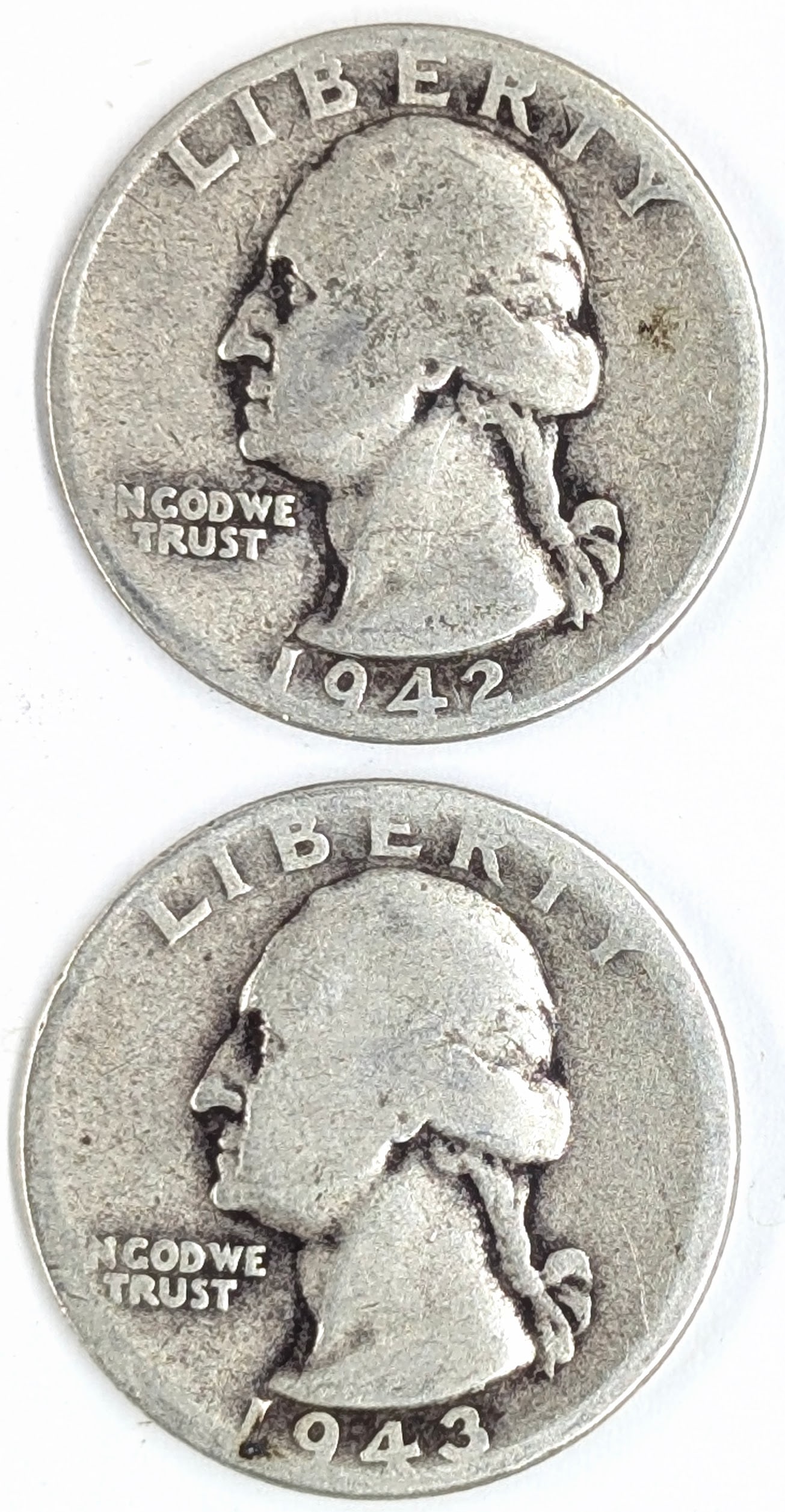 Lot of 2 Silver Washington Quarters - 1942, 1943: Silver 