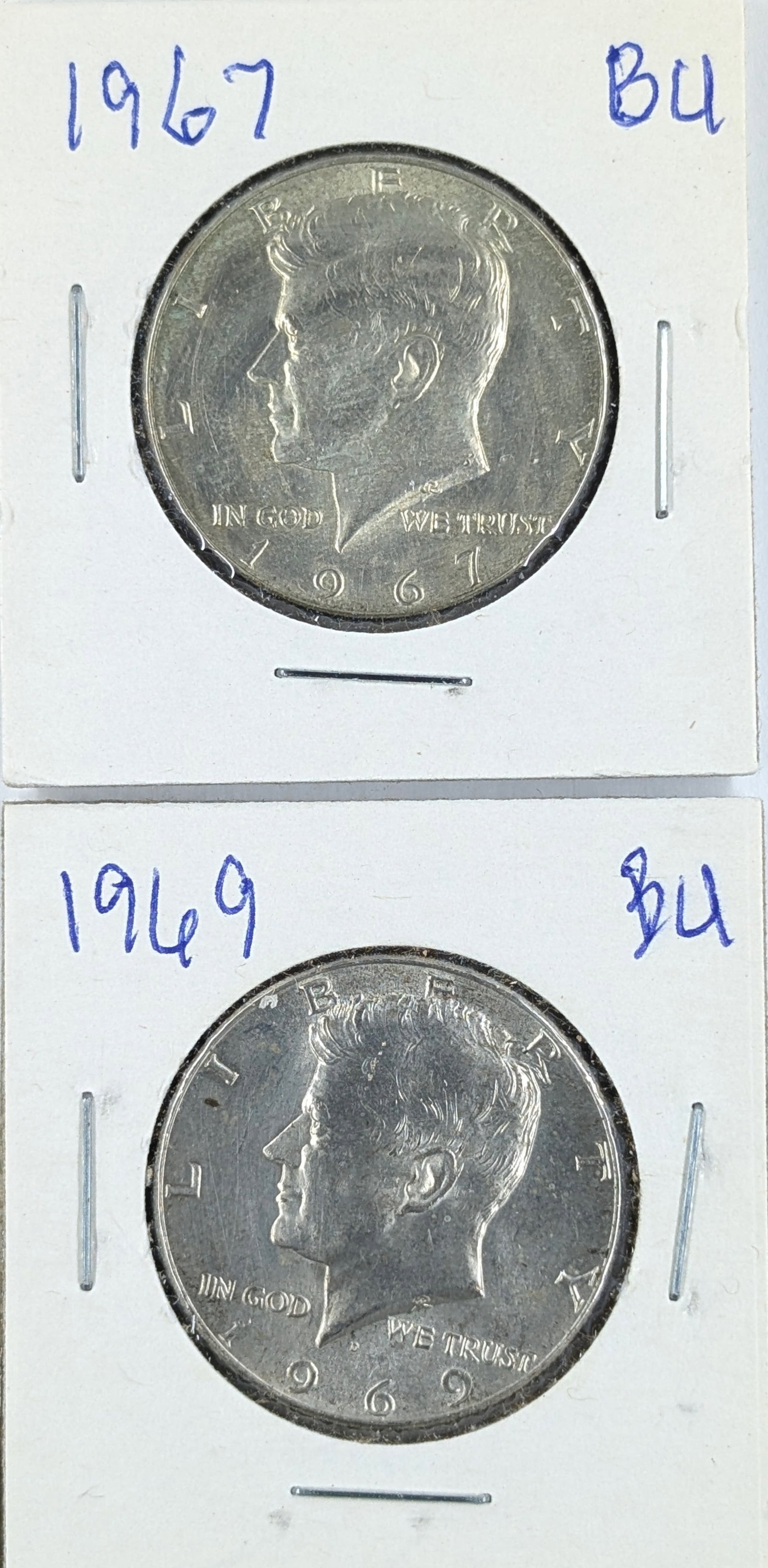 Lot of 2 Uncirculated Silver John F Kennedy Half Dollars - 1967, 1969: 40% SIlver 