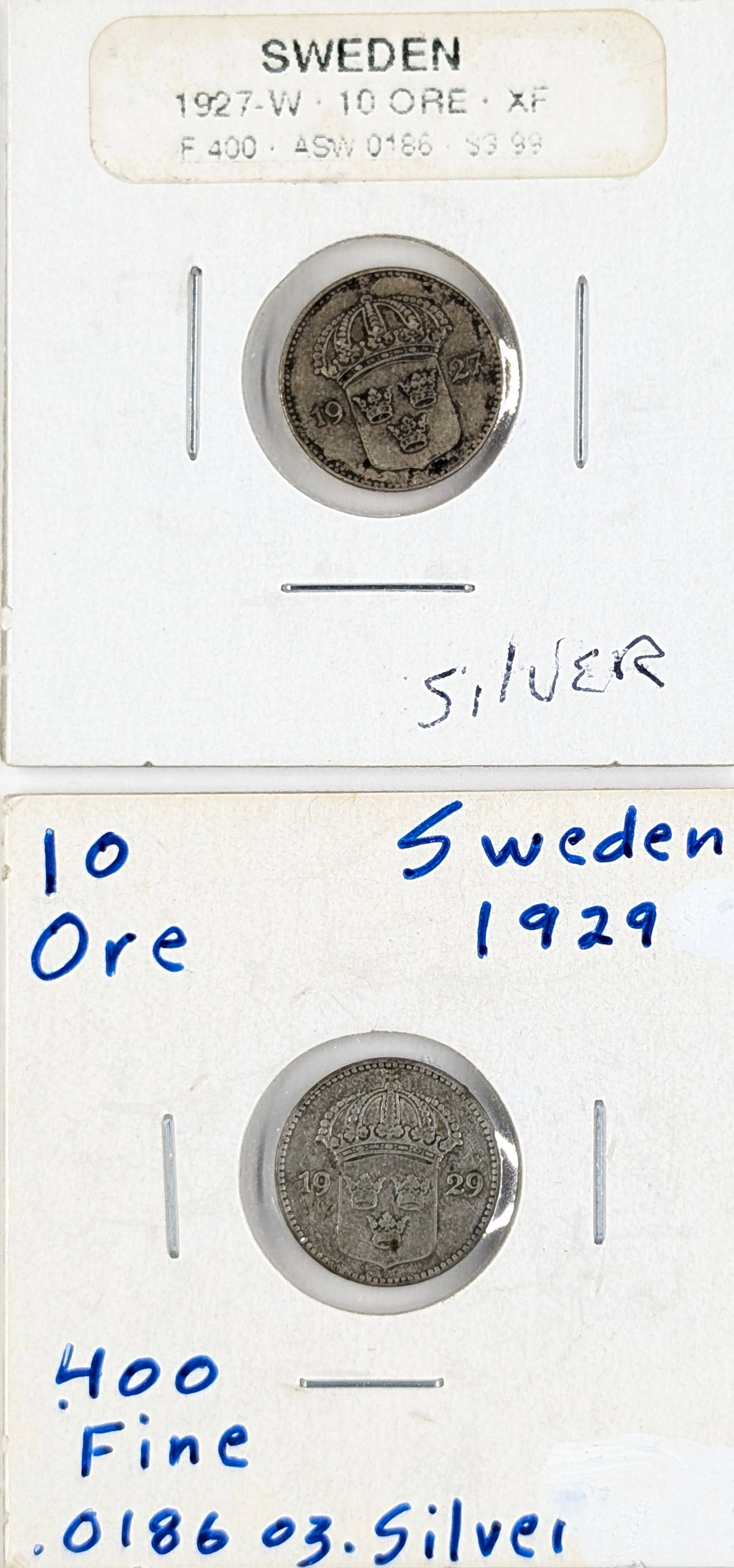 Lot of 2 Silver Swedish 10 ore Coins - 1927, 1929: 40% Silver 