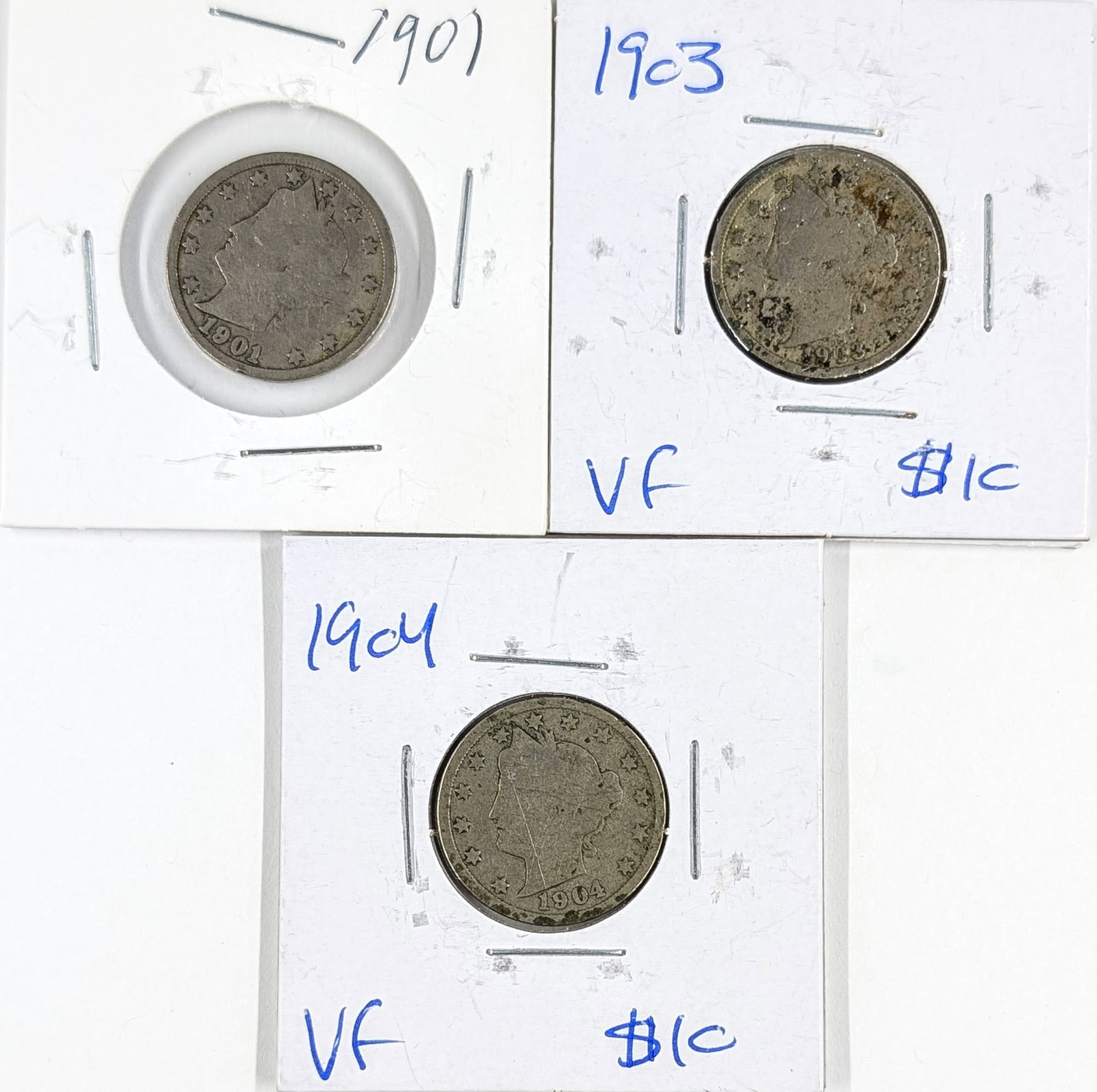 Lot of 3 Liberty V Nickels - 1901, 1903, 1904: Coin