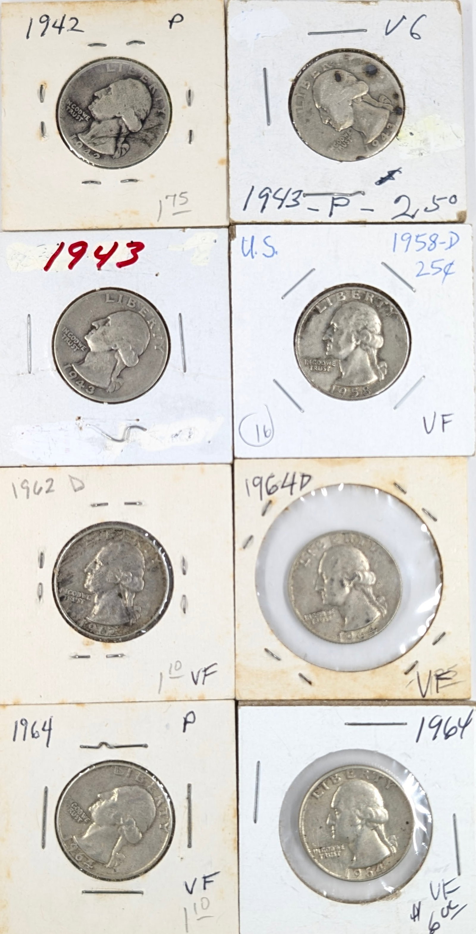 Lot of 8 Silver Washington Quarters - 1942-1964 (1 of 2)