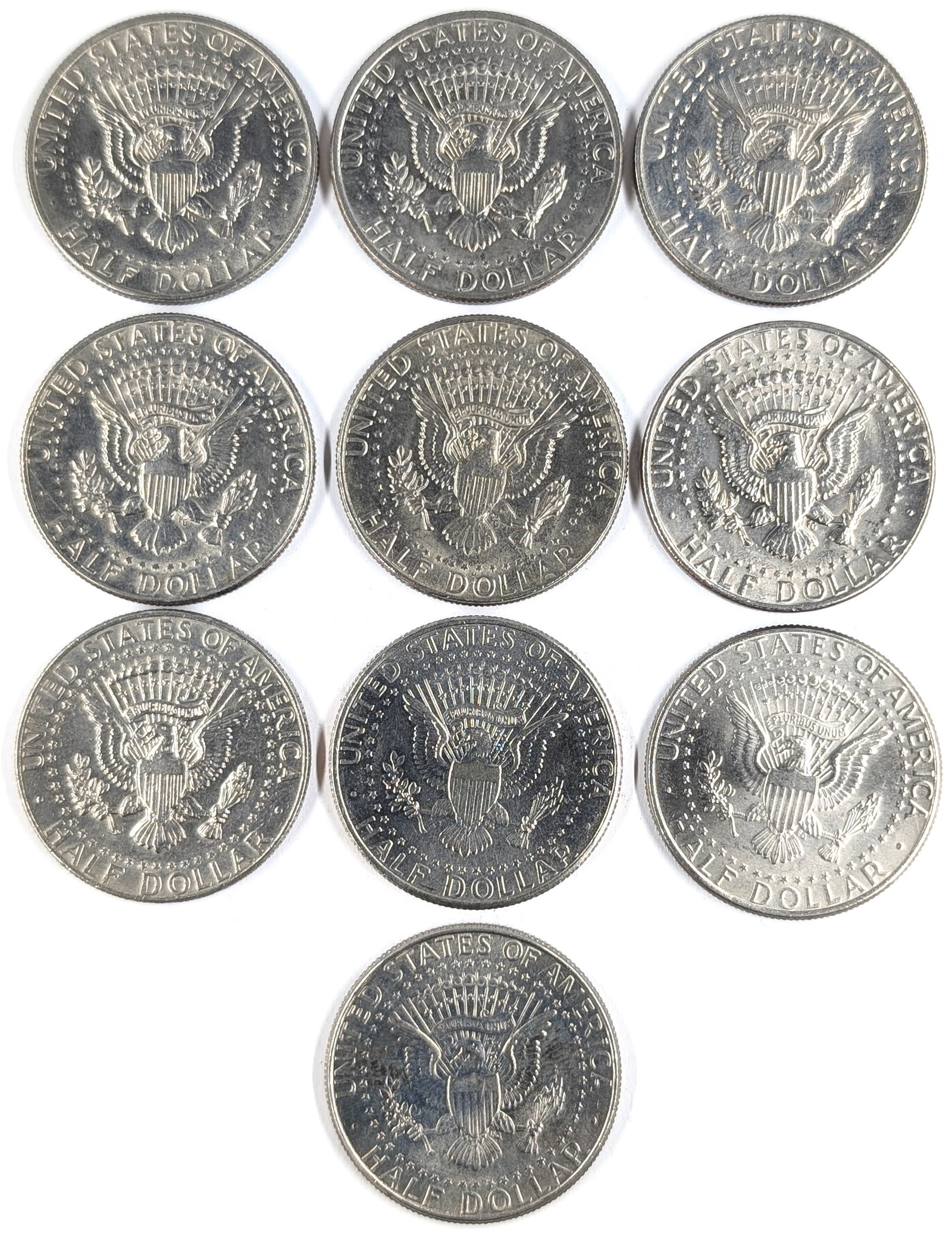 Lot of 10 John F Kennedy Half Dollars - 1980-1998 - Mostly Uncirculated - 2