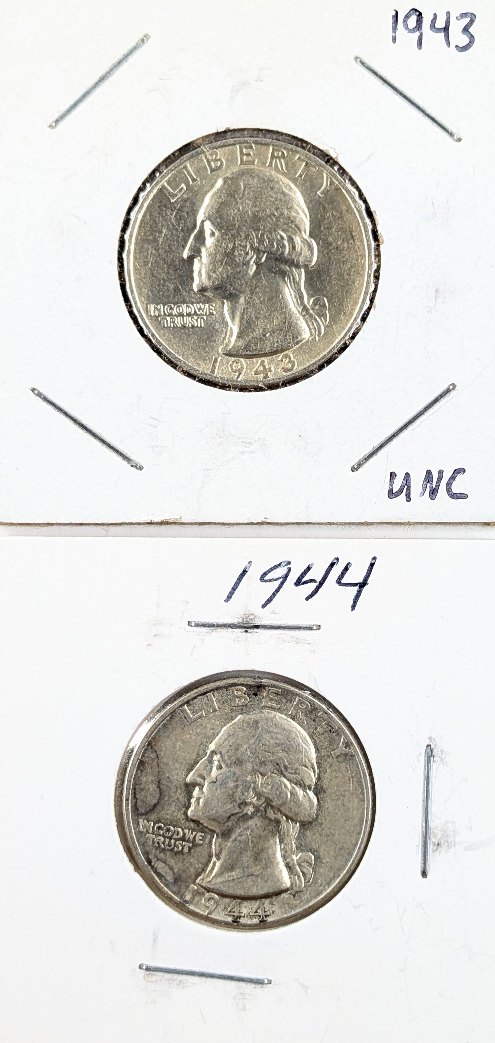 Lot of 2 Silver Washington Quarters - 1943, 1944 - AU: Silver 