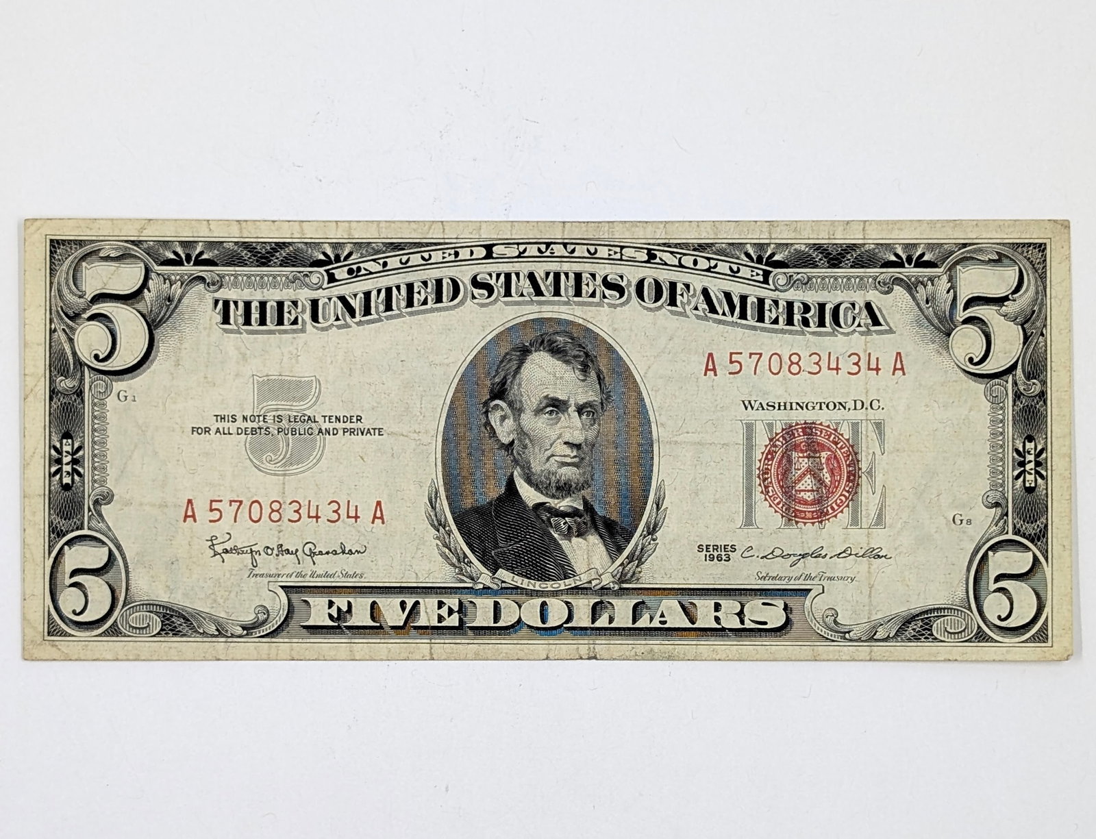1963 $5 Note - Red Seal: Circulated Condition 