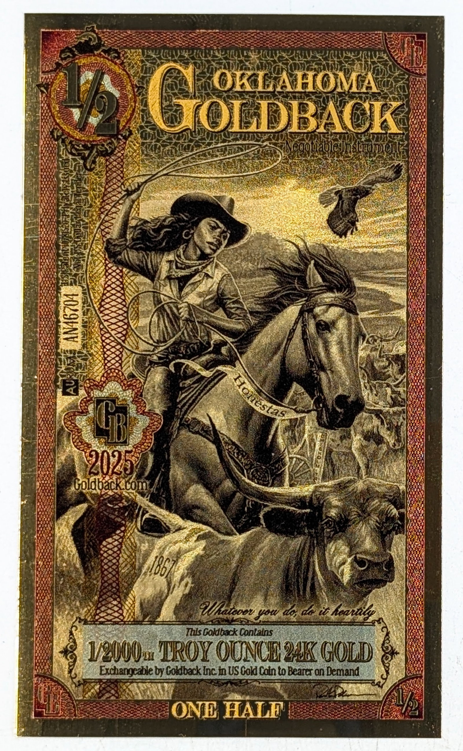 2025 1/2 Oklahoma Goldback 1/2000th Troy Ounce 24K Gold: Goldback 