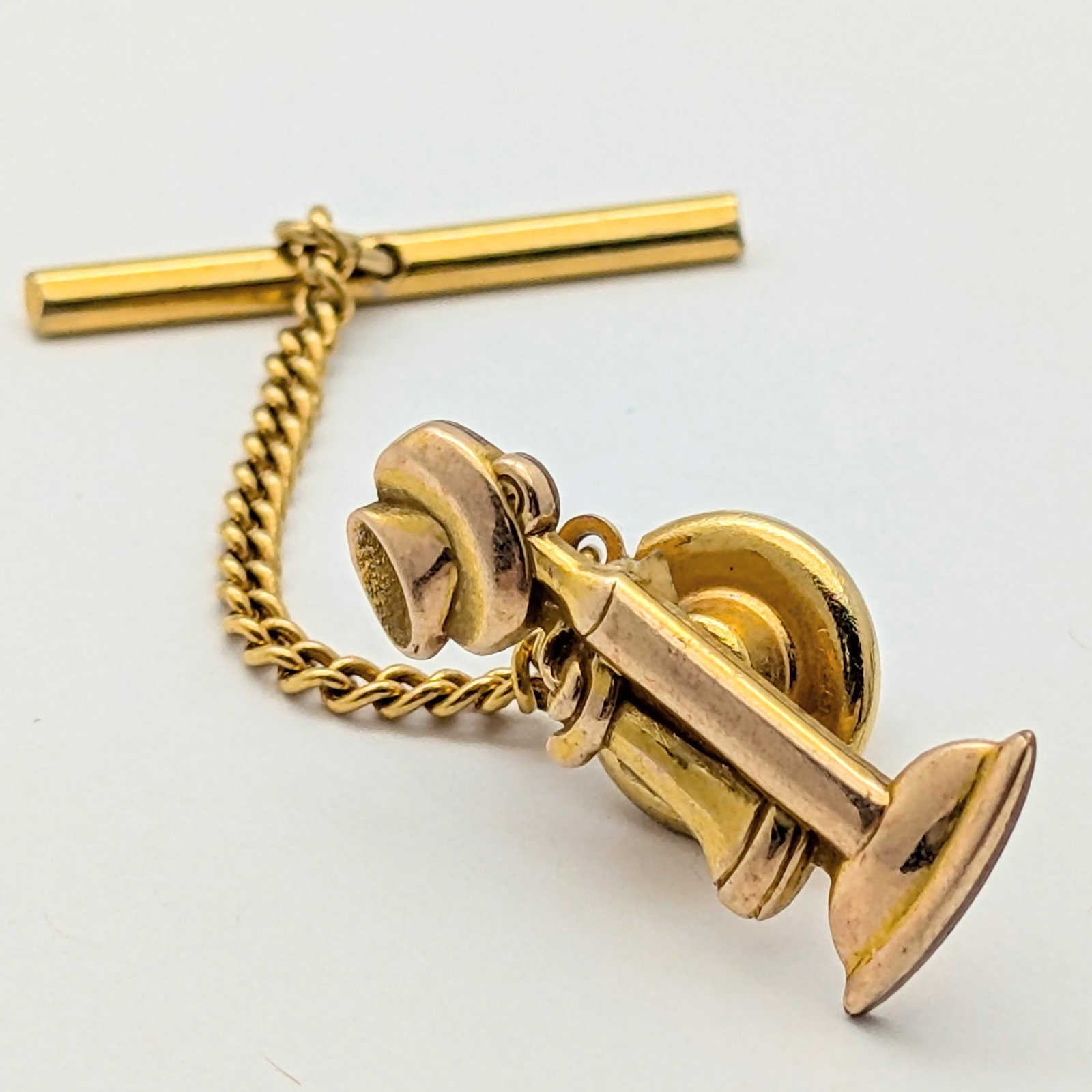 Vintage Gold Filled Candlestick Telephone Tie Tack with Chain: Jewelry 