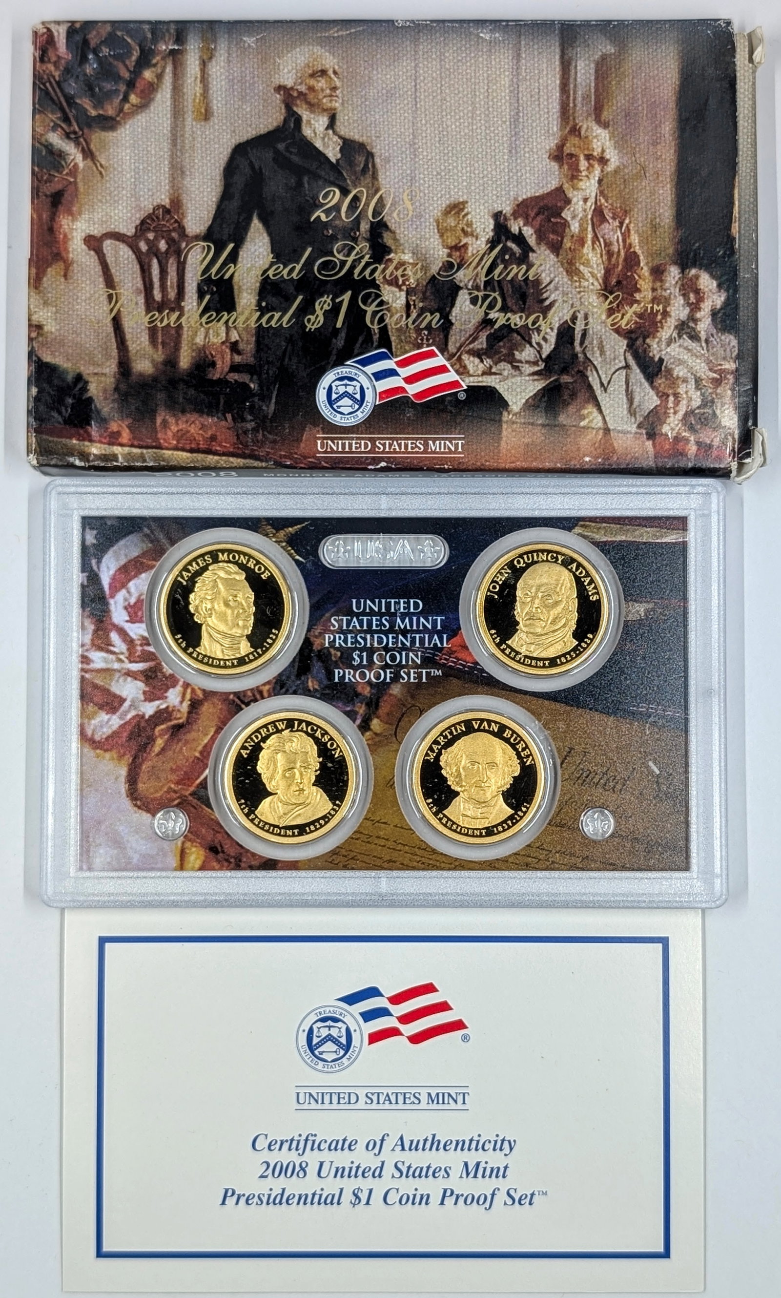 2008 US Mint Presidential $1 Coin Proof Set w/ COA w/ Monroe, Adams, Jackson, Van Buren: Coin 