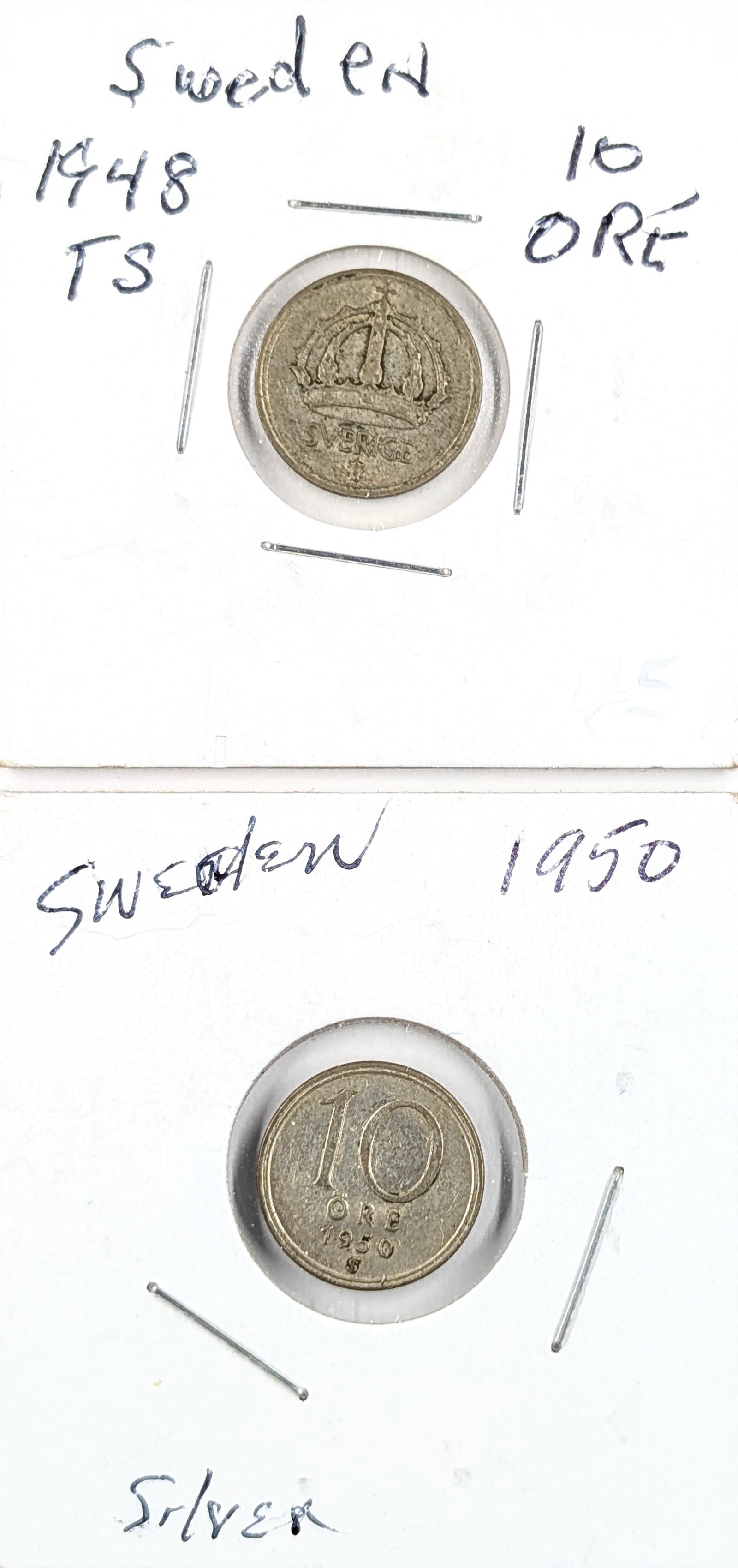 Lot of 2 Silver Sweden 10 Ores- 1948, 1950: Silver 