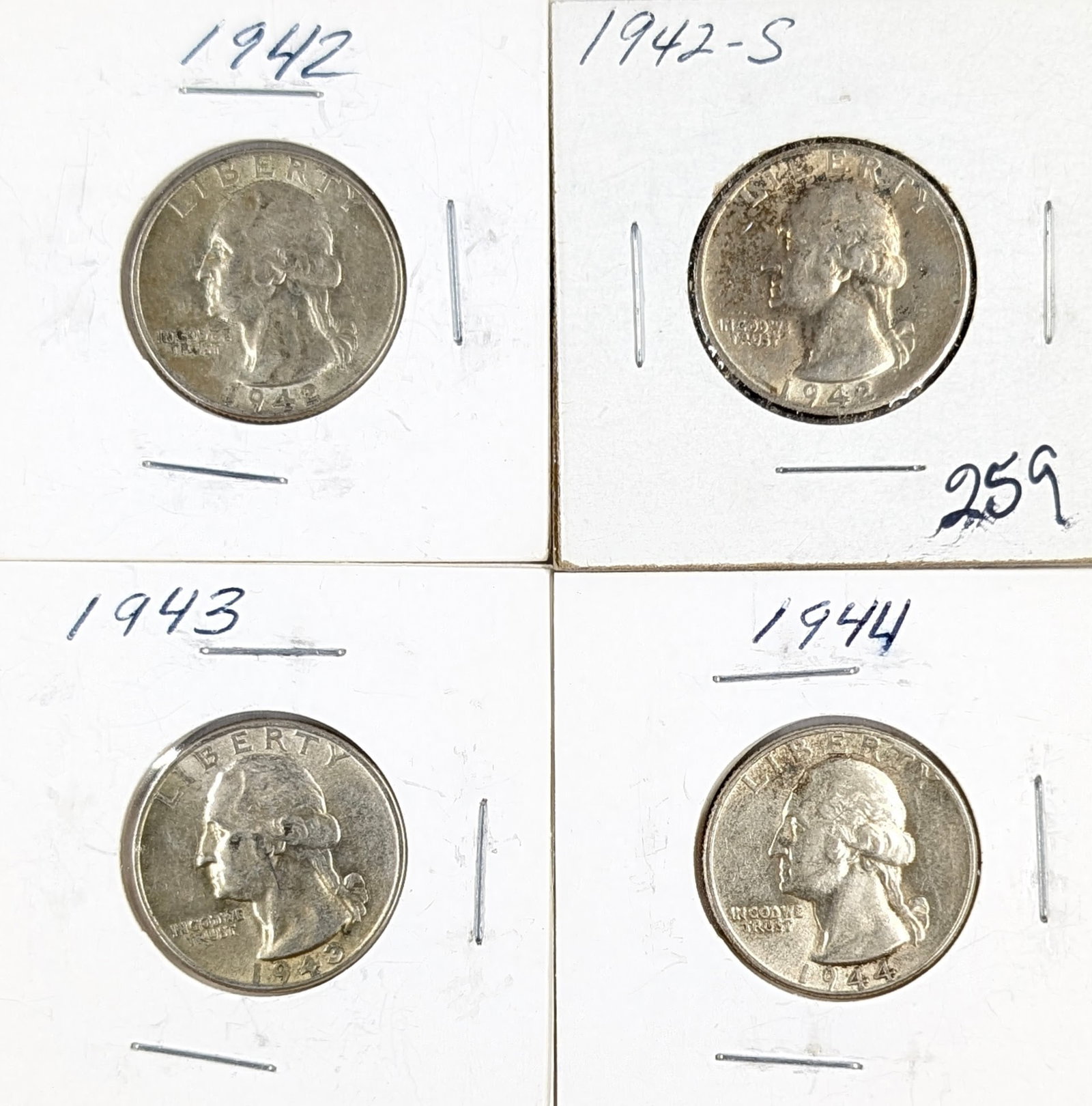 Lot of 4 Silver Washington Quarters - 1942-1944: Silver 