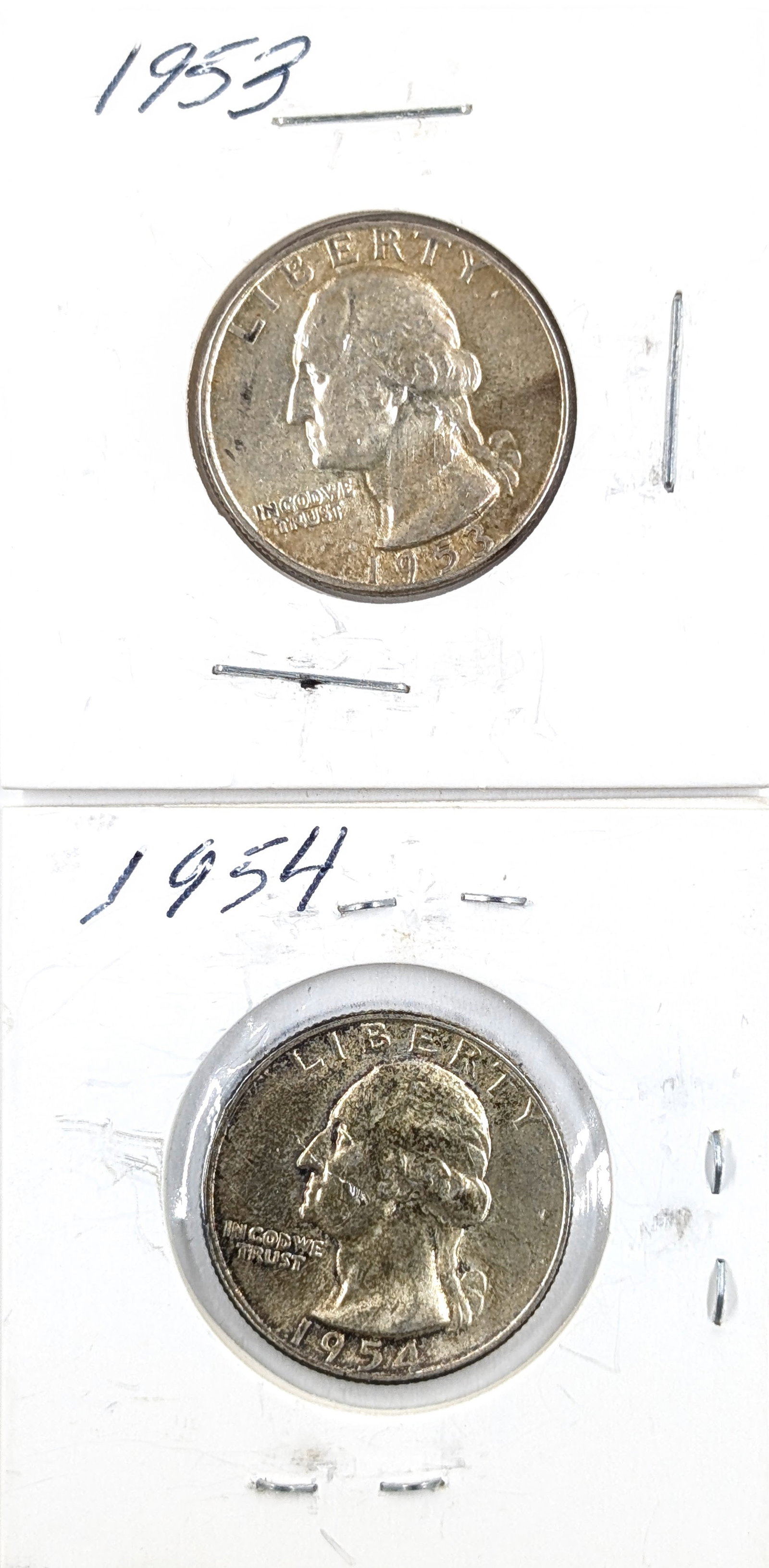 Lot of 2 Silver Washington Quarters - 1953, 1954: Silver 