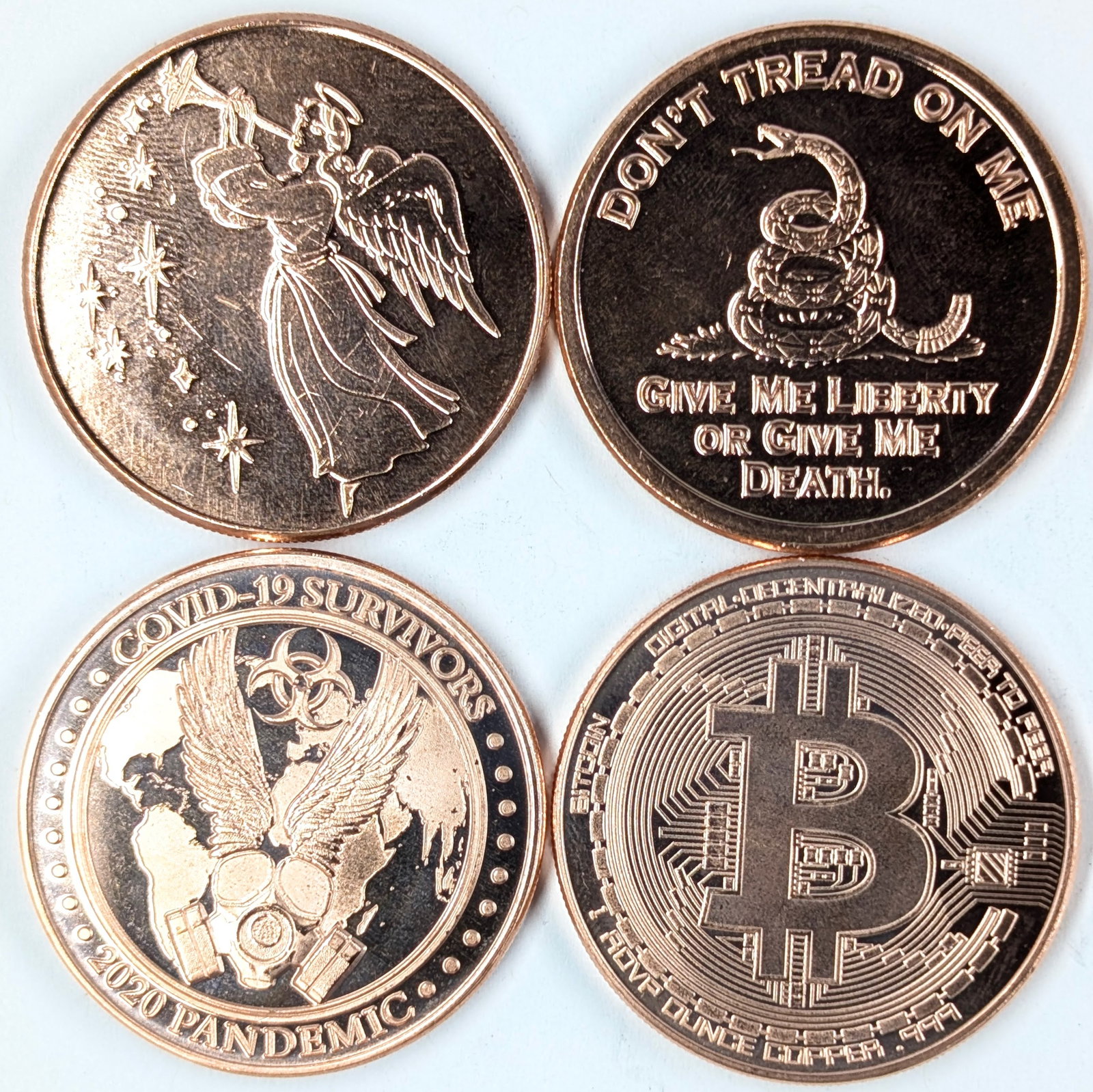 Lot of 4 - 1 Ounce (each) Fine .999 Copper Rounds - Bitcoin, Don't Tread, Covid, Christmas (1 of 2)