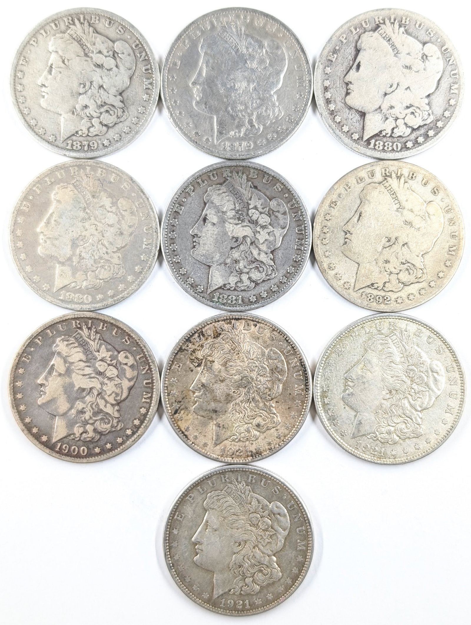 Lot of 10 Morgan Silver Dollars- 1879-1921: Silver