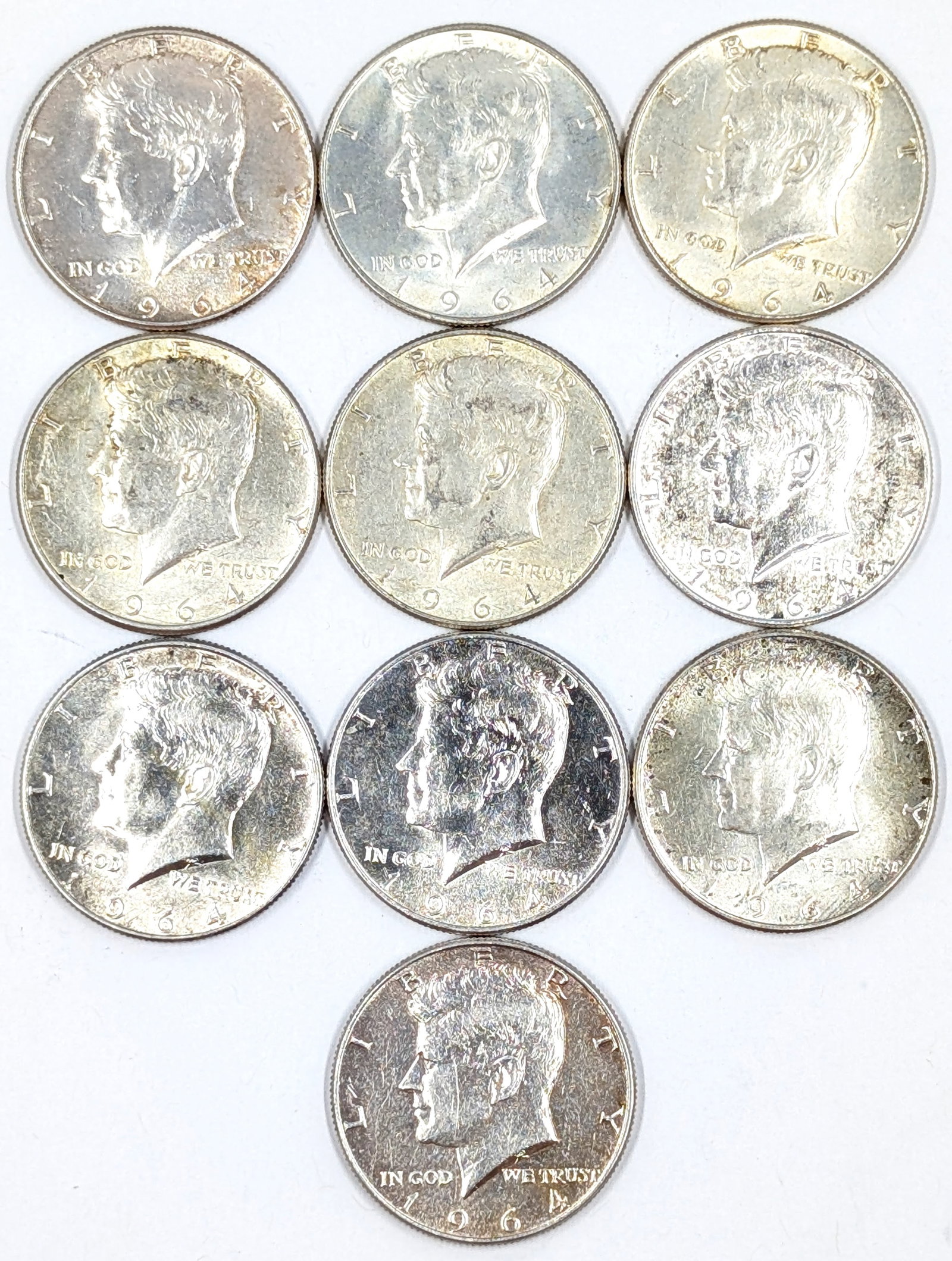 Lot of 10 Silver 1964 John F Kennedy Half Dollars - Some Uncirculated: Silver 