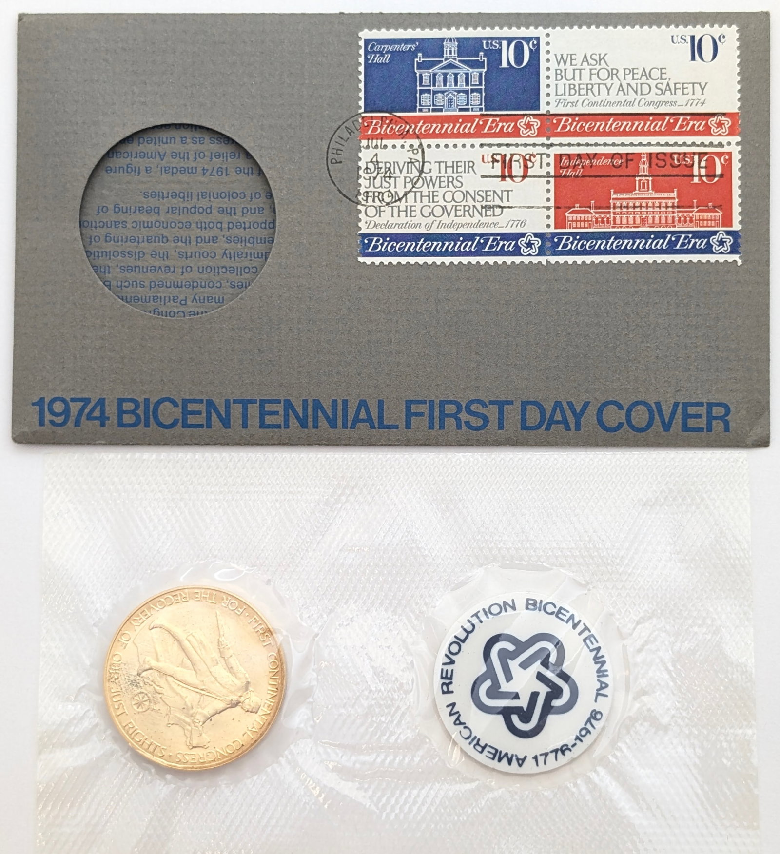 1974 American Revolution Bicentennial Commemorative Medal & Stamp: Commemorative 
