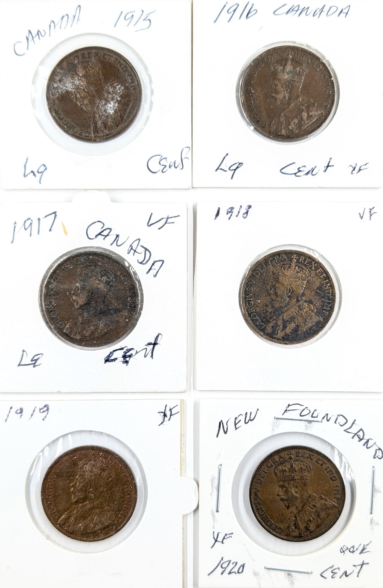 Lot of 6 Canadian Large Cents- 1915-1920: Coin