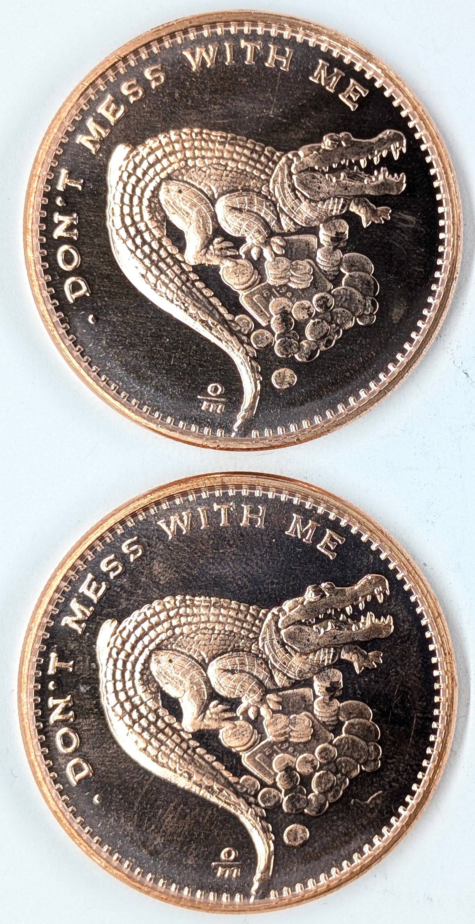 Lot of 2 - 1 Ounce (each) Fine .999 Copper Rounds - Alligator: Copper 