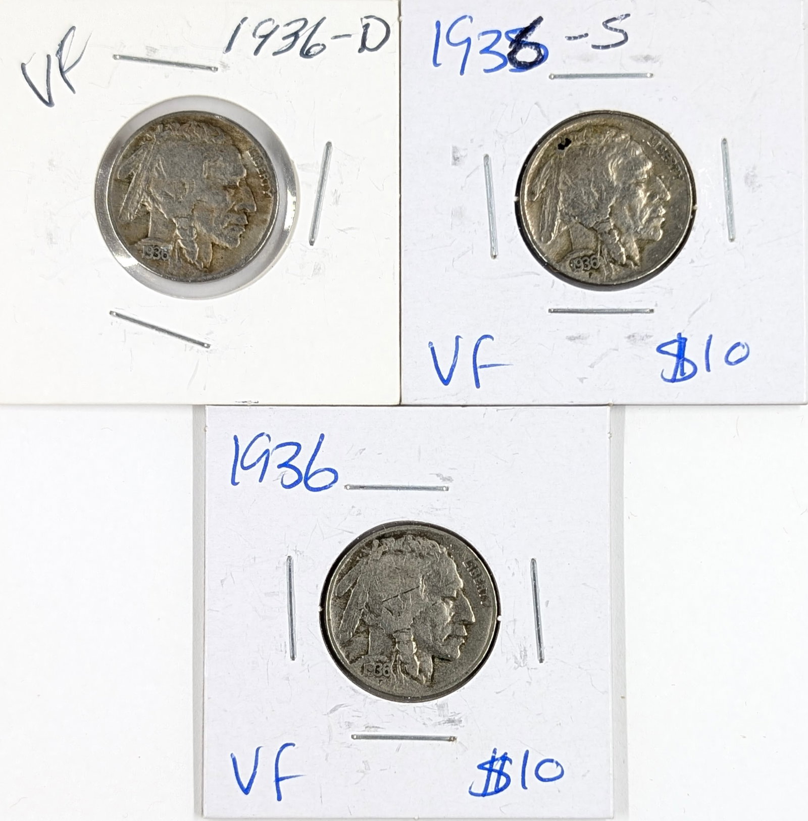 Lot of 3 Buffalo Head Nickels - 1936 P/D/S: Coin 