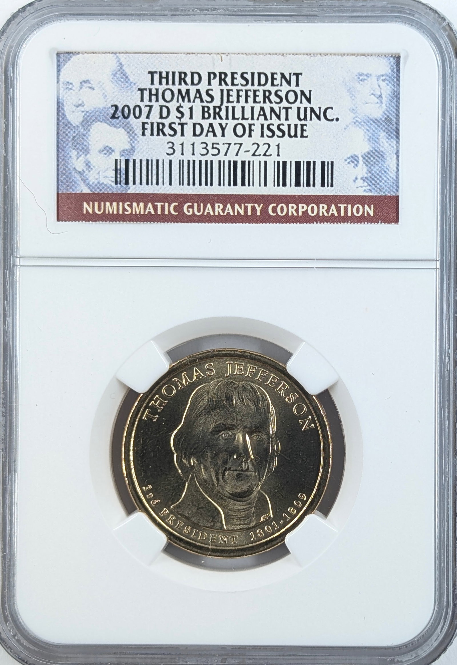 NGC 2007-D BU Jefferson Presidential Dollar - First Day of Issue: Coin 