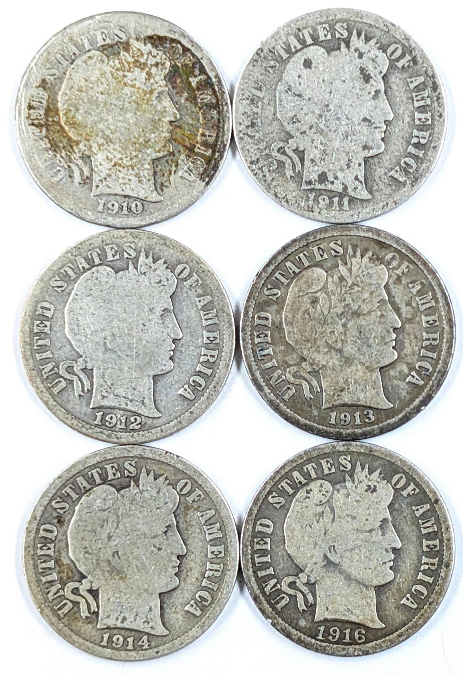 Lot of 6 Silver Barber Dimes - 1910-1916 (1 of 2)