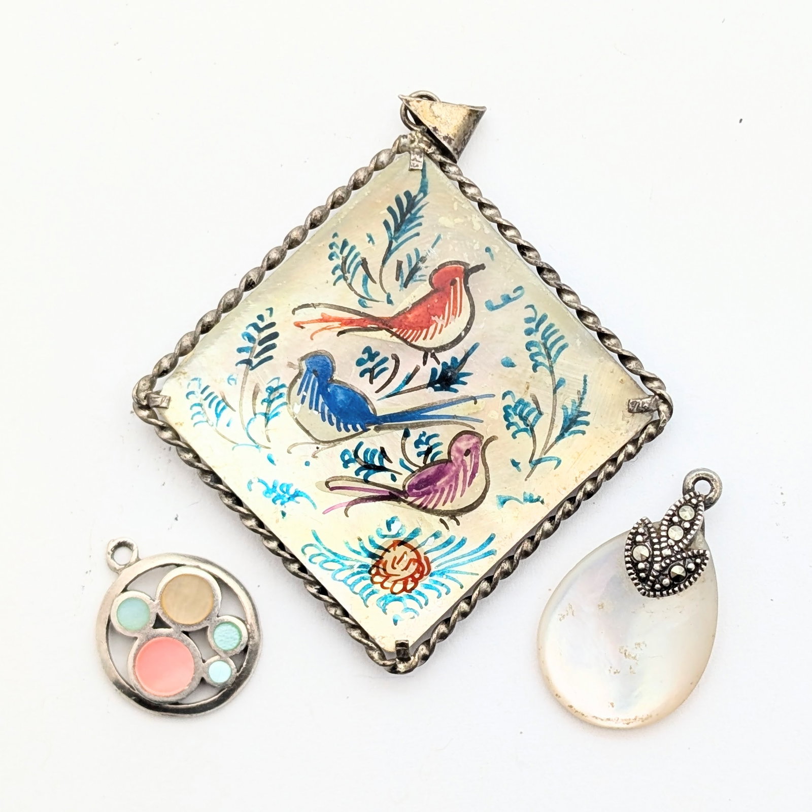 Lot of 3 Sterling Silver Pendants - Birds, Colorful Circles, etc.: Jewelry